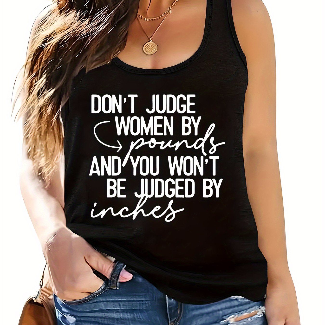 TEMU Plus Size, Don' Judge Women..." Body Attitude Slogan Print Plus Size Sleeveless Tank Top, Fashionable Casual Pullover Crew Neck Top, Women's