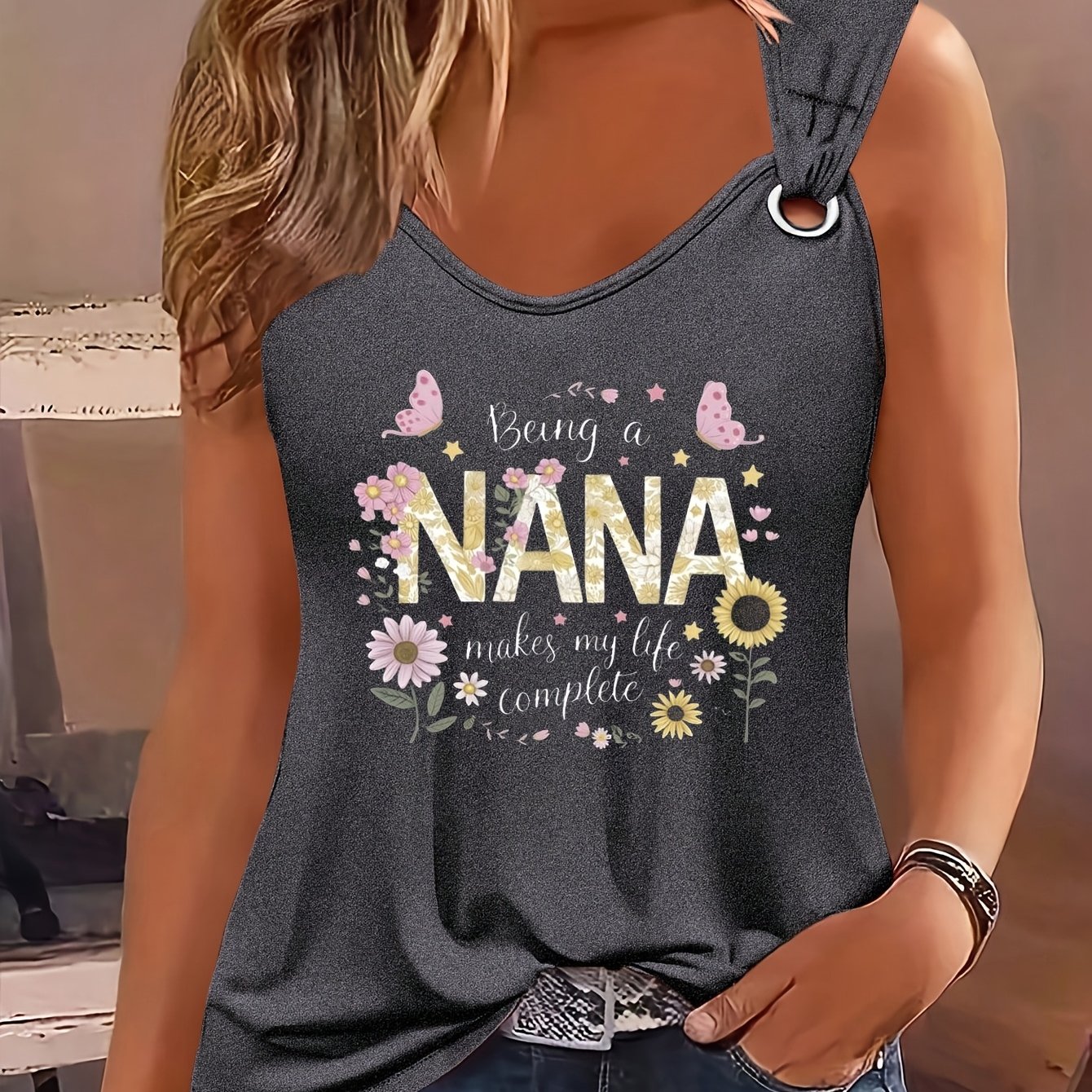 TEMU Women's Sleeveless Casual Vest-"" Floral Letter Print& Ring Details Dark Gray Round Neck Summer Top, Machine Washable Lightweight And Durable