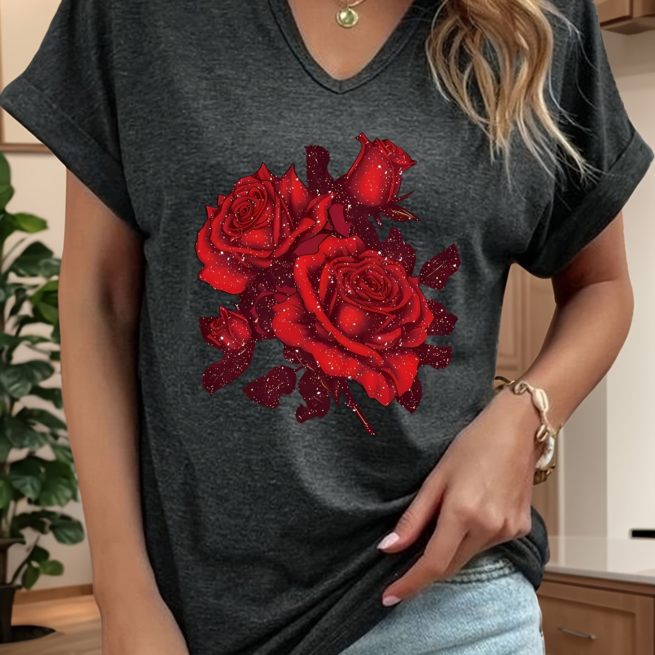 TEMU Women's Casual V-neck T-shirt With Red Rose Floral Print - Short Roll-up Sleeves, Regular Fit, Machine Washable, Spring Summer Fashion Top,