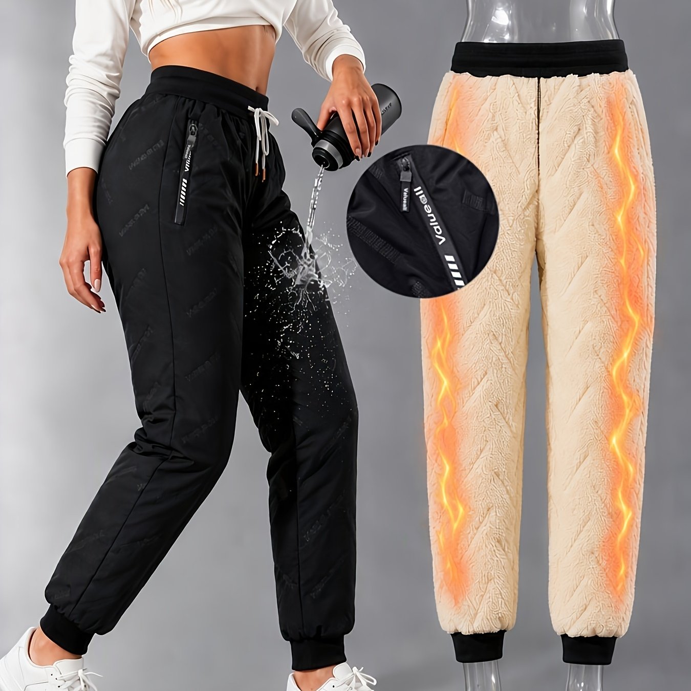 TEMU 1pc Autumn Winter Women's Fashion Long Pants, Fleece-lined Thick Warm Casual Trousers With Elastic Waist Drawstring, Slanted Zipper Pockets,