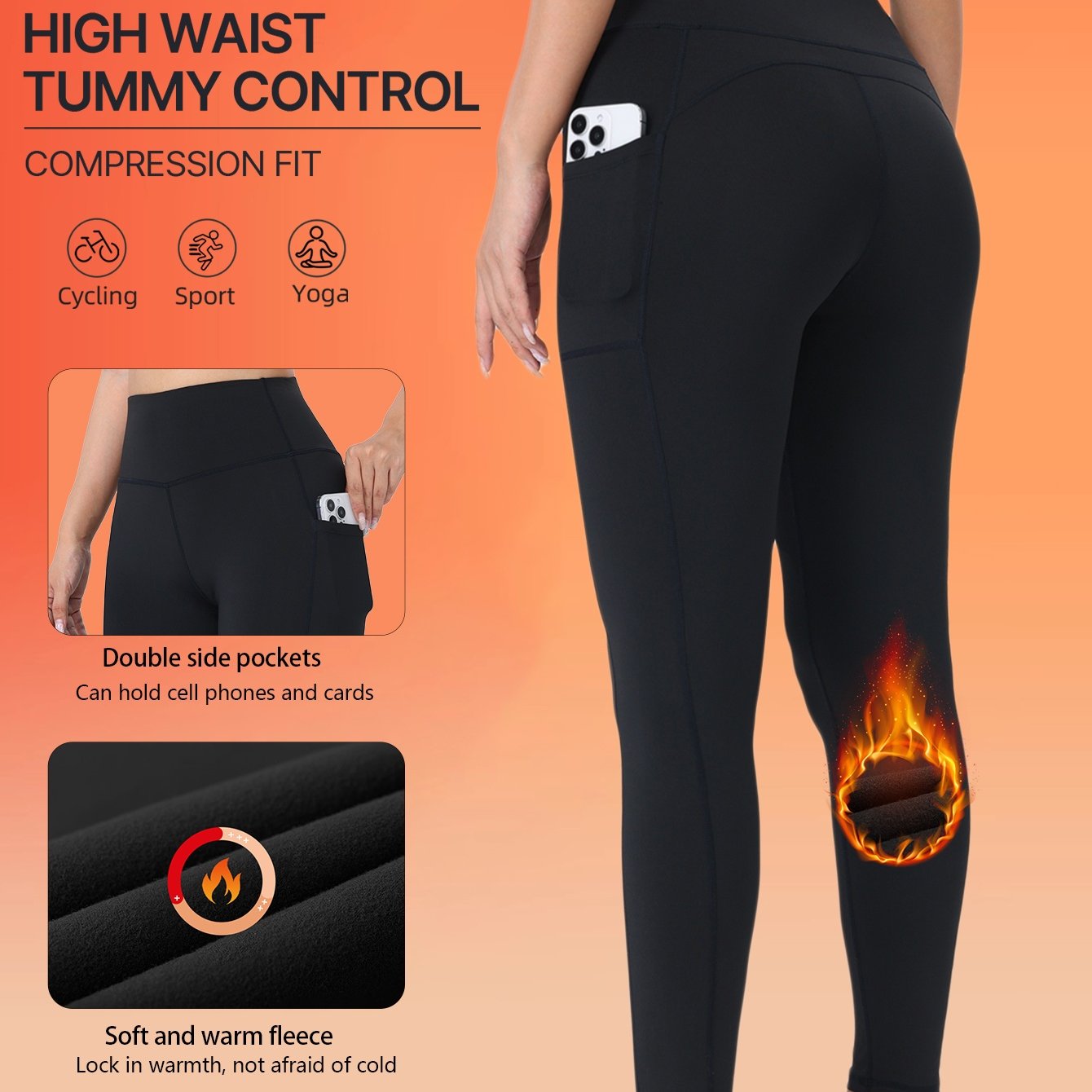 TEMU Women's High-waisted Yoga Leggings With Tummy Control - Full-length Workout Pants With Pockets, Double-sided Compression Fit, Thermal Insulation