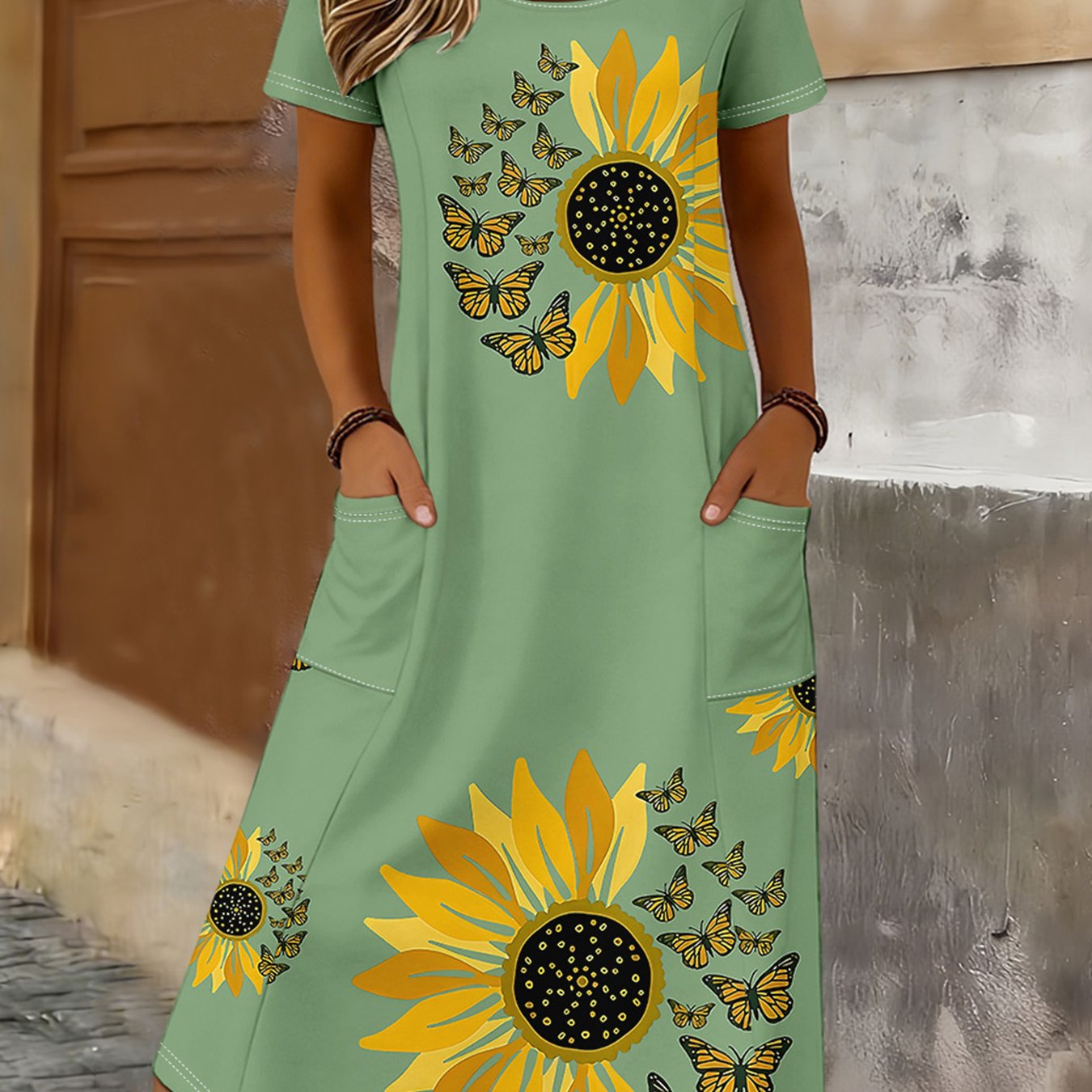 2026 Women's Summer Dress, Elegant Casual Printed Round Neck Short Sleeve With Pockets - 1673