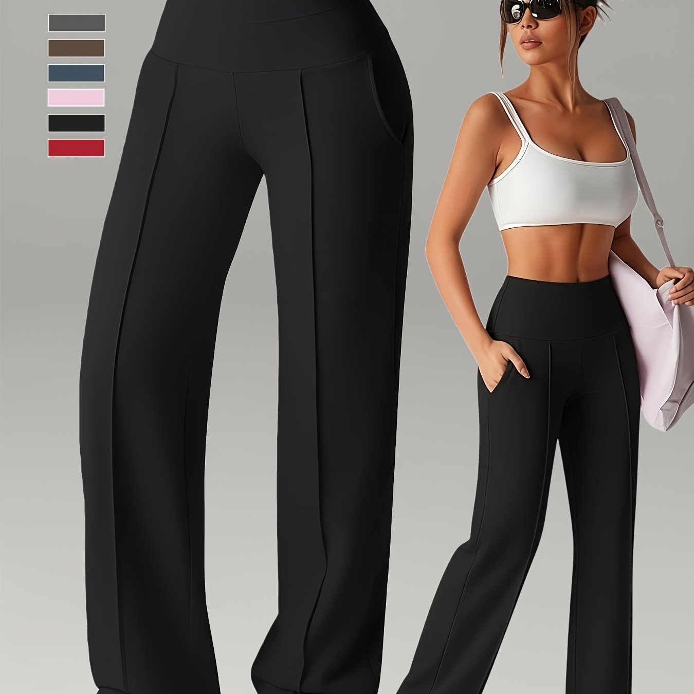 Image of 1pc Flare Pants, Straight Wide-leg Casual Quick-dry With Pockets Women's Yoga Pants, Stretch Athletic High-waist Leggings