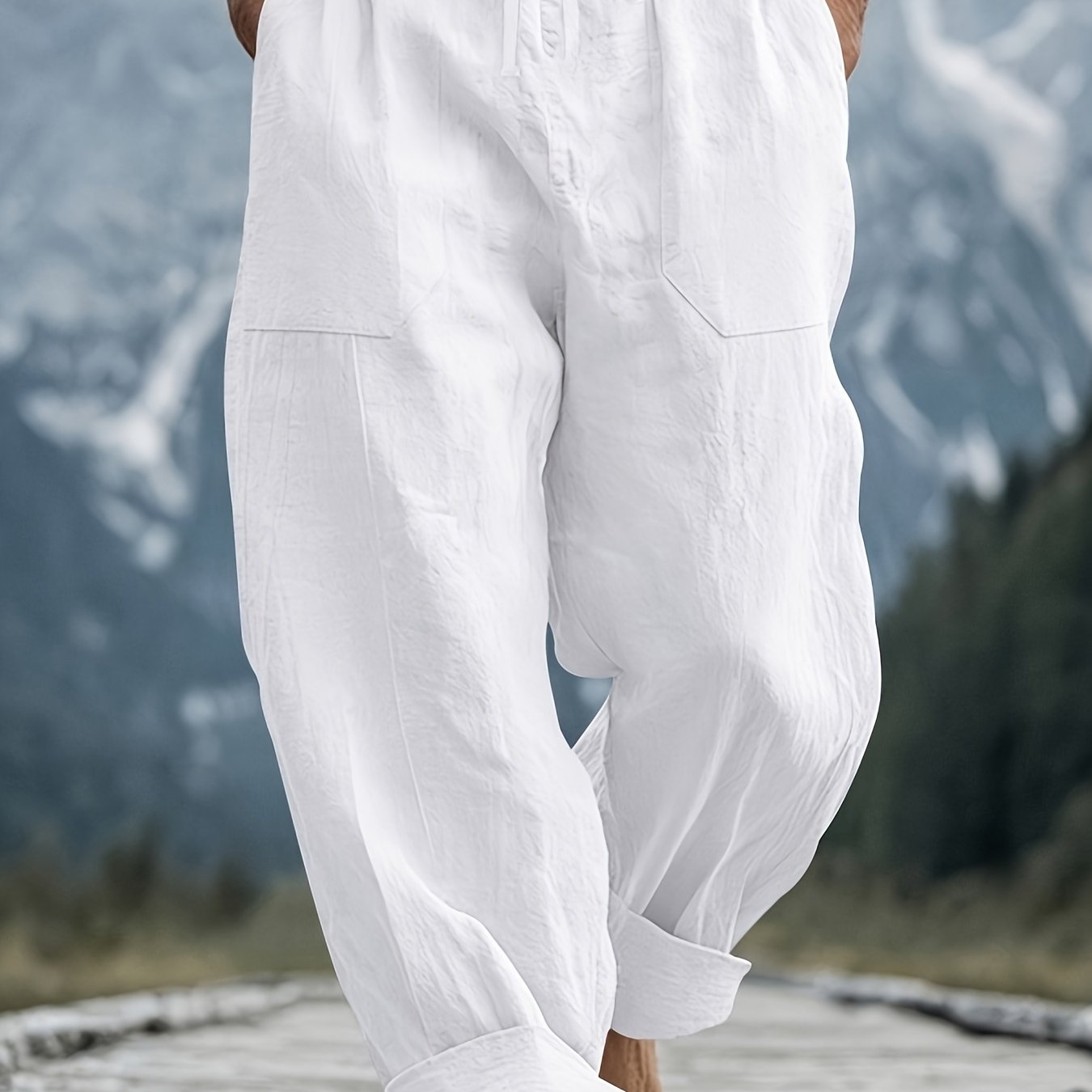 TEMU Men' Color Wide-leg Casual Pants With Drawstring Elastic Waist, Straight-leg Loose Fit Trousers