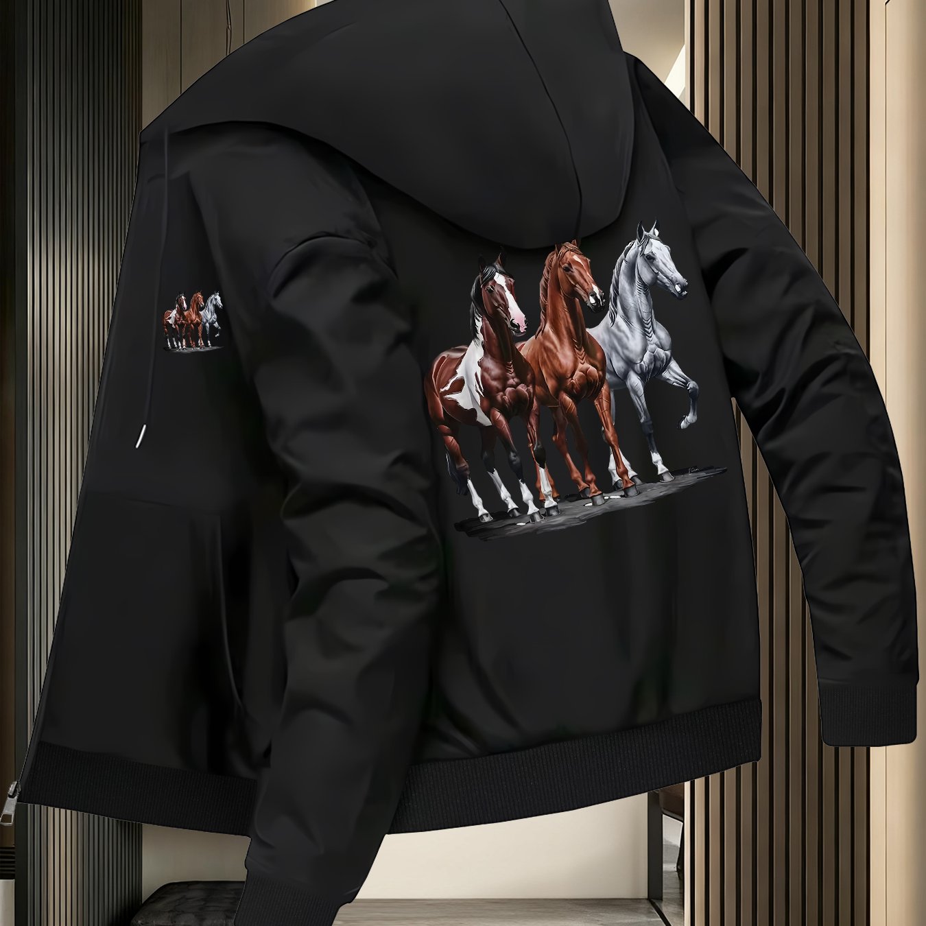 TEMU Men's Casual Hooded Jacket, 3 Horses Pattern Element Men's Casual Versatile Youth Top Hooded Jacket Coat