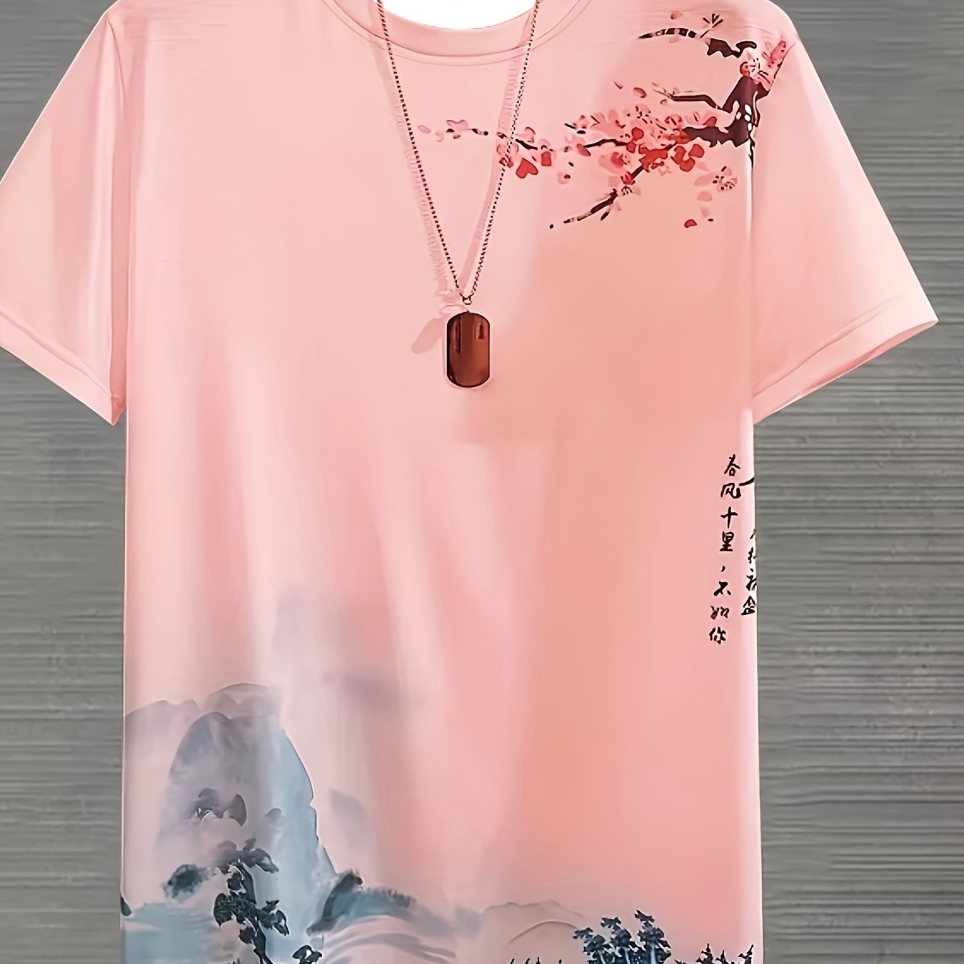 TEMU Men's Plus Size T-shirt - Asian Landscape Art Print, Soft /purple Gradient, Breathable Summer Casual Streetwear, Regular Fit Short Sleeve Crew