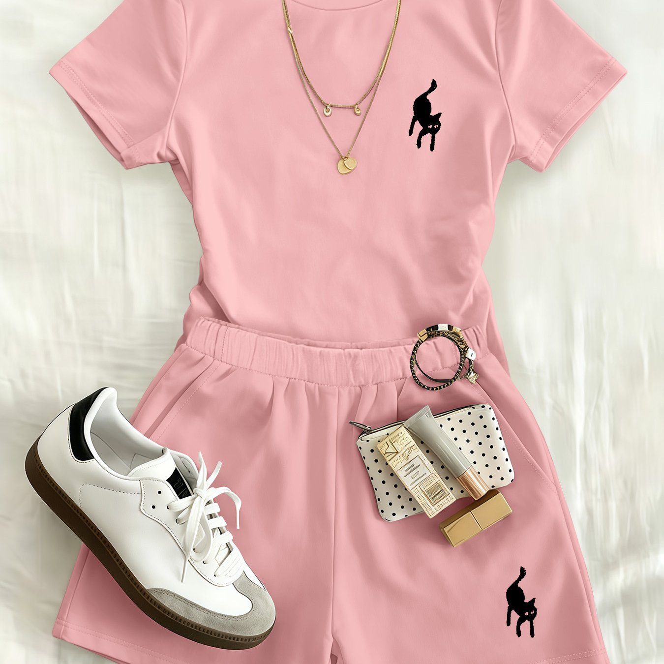 TEMU Conjunto casual para mujer 2026, camiseta corta ajustada con estampado de gato fácil y pantalones cortos con bolsillos y cintura elástica,