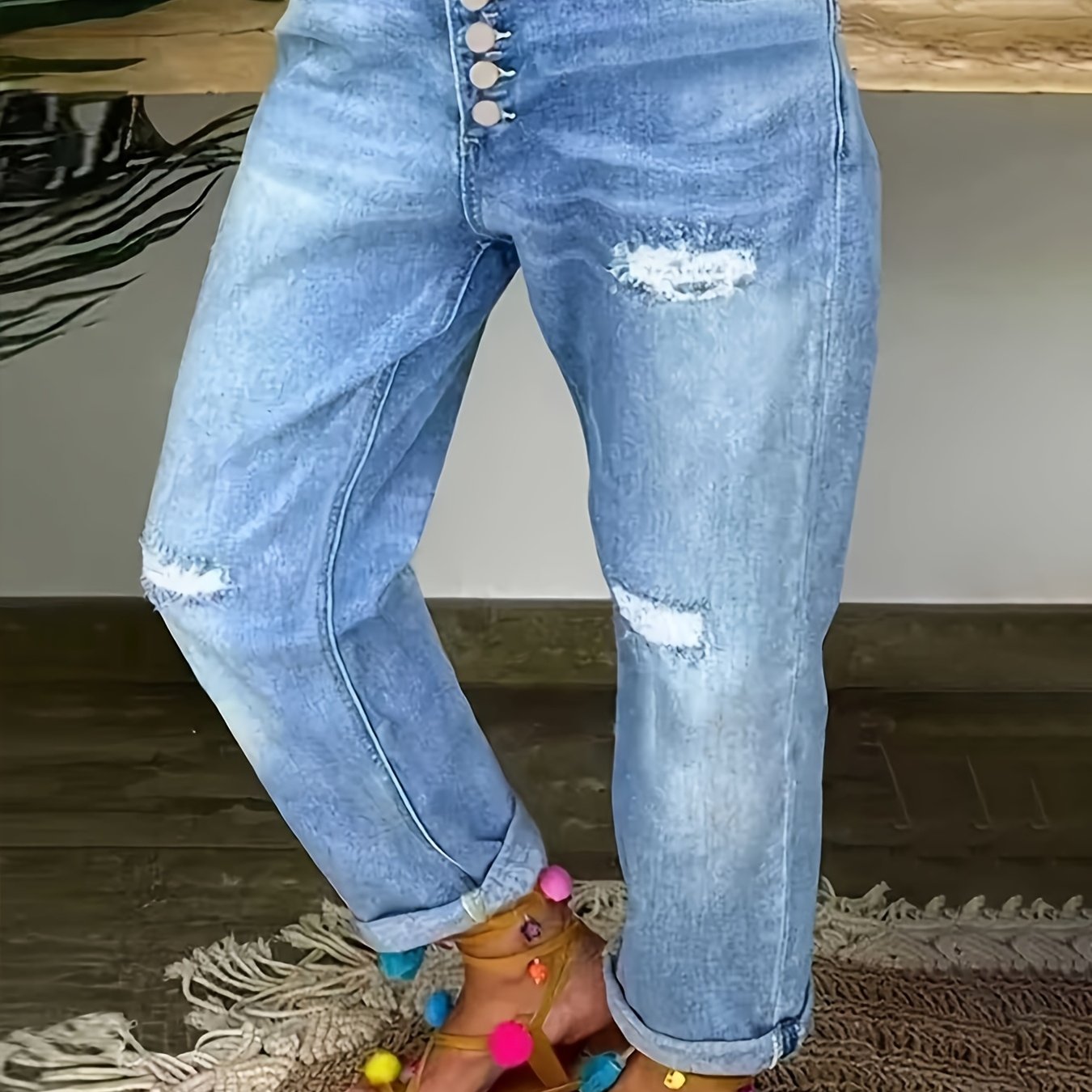 Image of Women's Fashion Stretch Loose Distressed Single-button Jeans, Washed Blue Straight Leg Denim, Wear
