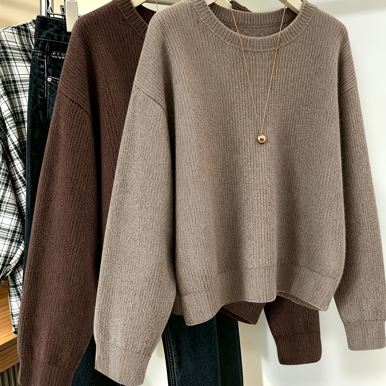 TEMU 2pcs Set, Women's Round Neck Loose Sweater, Solid And Comfortable Top, Casual Daily Outfit For Autumn And Winter