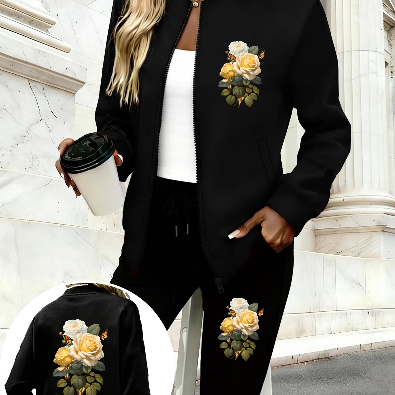 TEMU 2pcs Cluster Of Rose Print New Y2k Women's Sportswear Casual Zip-up Jacket And Sports Pants Versatile Fashionable Two-piece Set