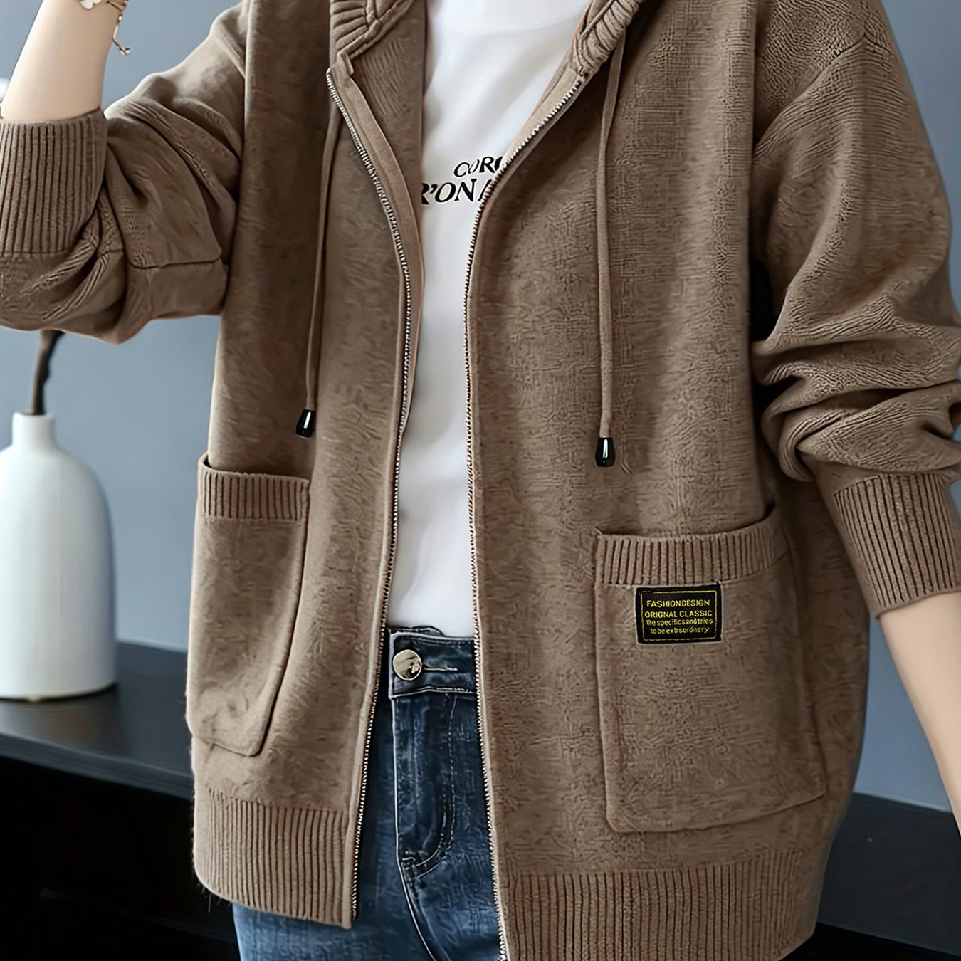TEMU Cardigan zippé pour femme, style décontracté, avec capuche côtelée et poches, pour et l'hiver, polyvalent pour les quotidiens décontractés