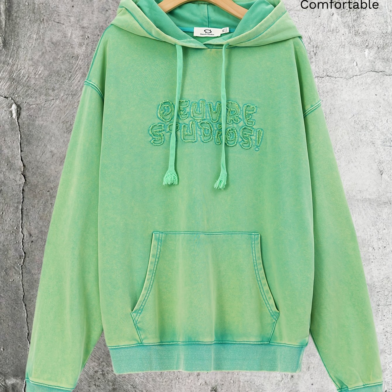 Image of European And Washed Old Hooded Sweatshirt Men's Retro Three-dimensional Embroidered Letters Hooded Sweatshirt Drop Shoulder Loose Casual