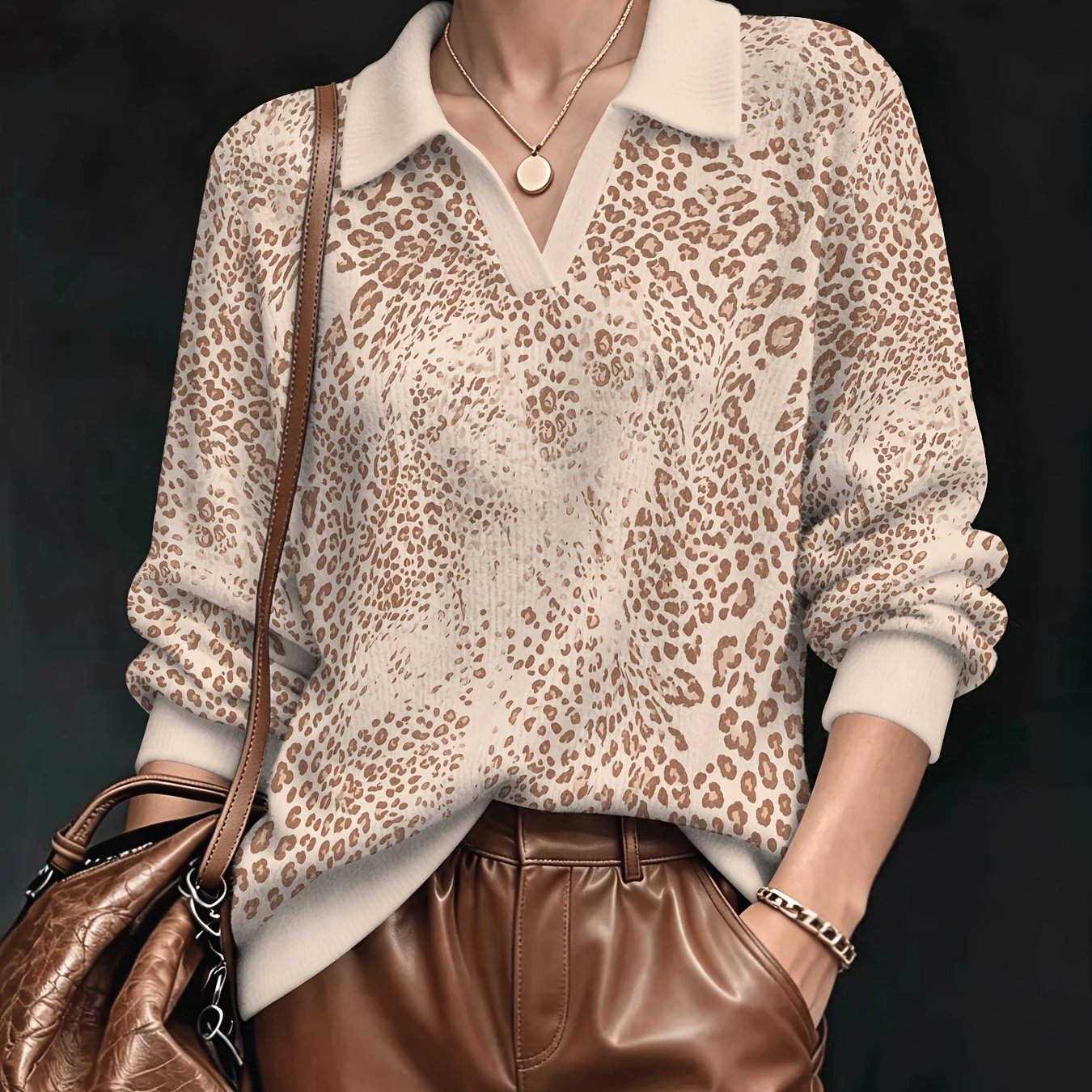TEMU 2026 New Women's Loose Printed Faux Pullover Vintage Leopard Print Pattern Turn- Collar V-neck Design Lazy Style Casual All-matching Tops Autumn