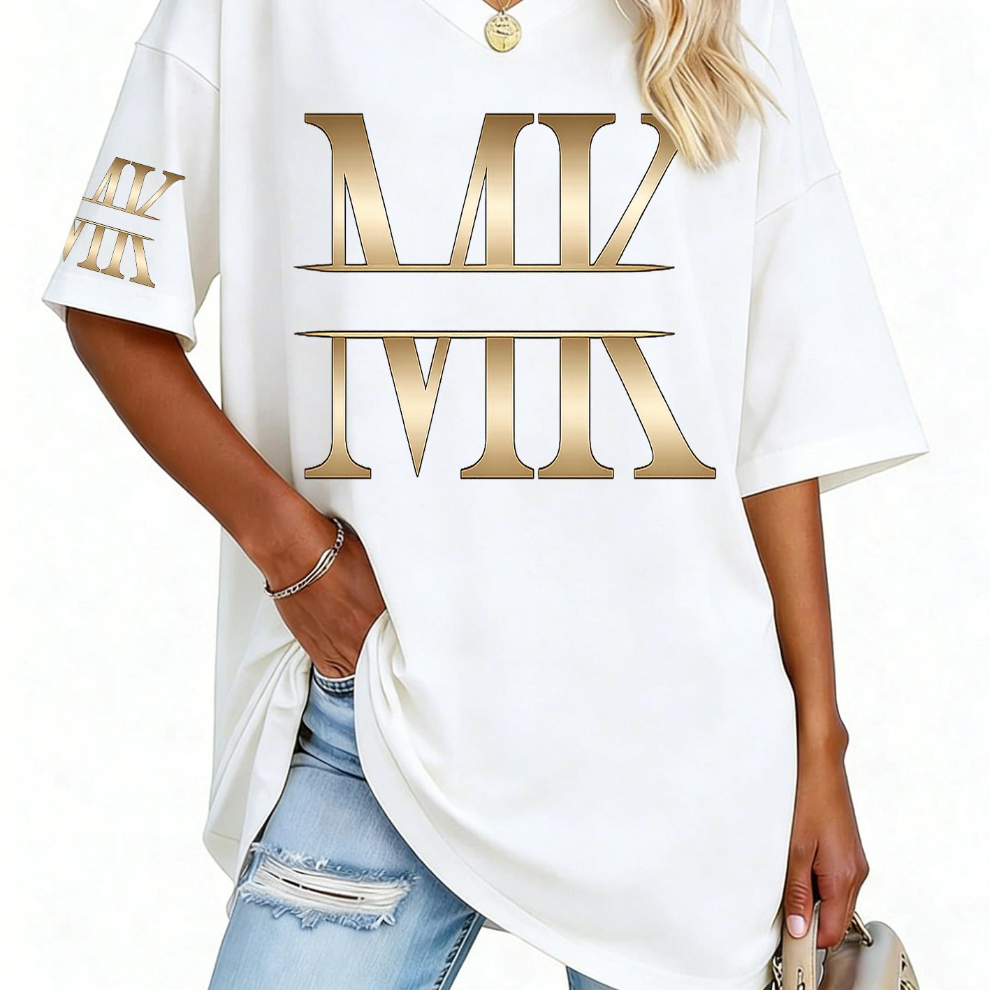 TEMU Women's Fashion V-neck Tee Featuring Relaxed Drop Shoulders