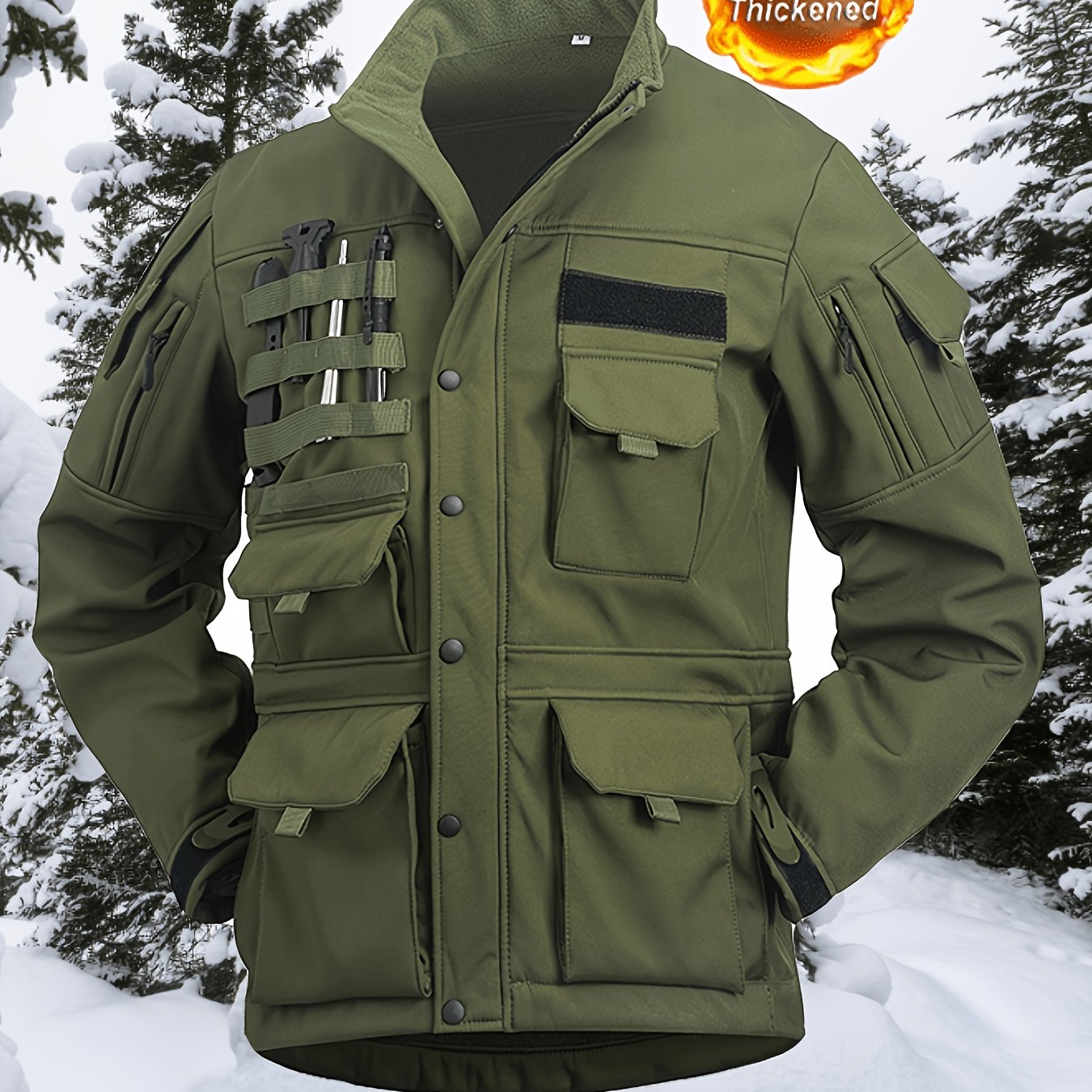 TEMU 's Plus Size Velvet Warm Winter Jackets, Multi-pocket Outdoor Work Camping, Mountaineering, Hiking Soft Shell Jackets, Multifunctional Tactical
