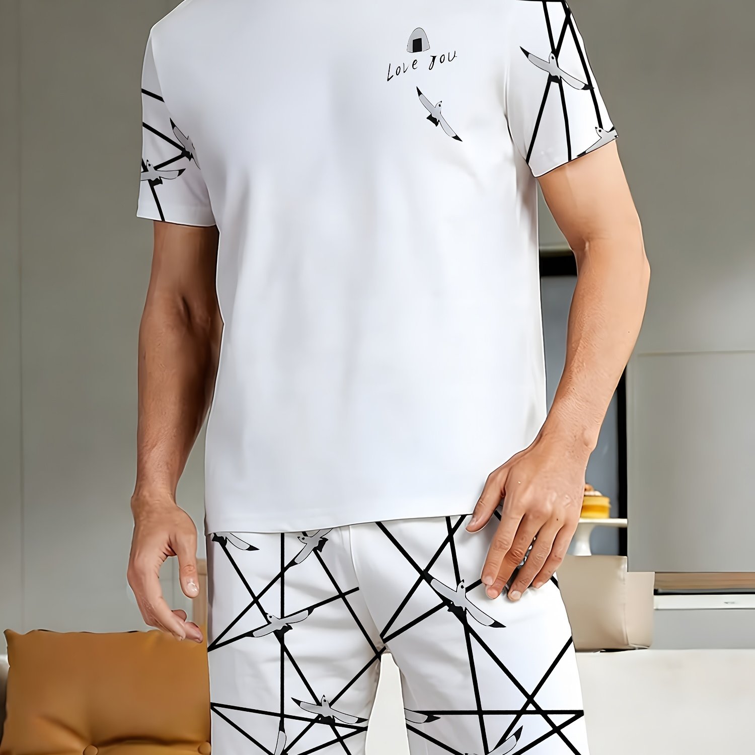 TEMU Men's Casual Pajama Set - Spring, Summer & Autumn: Comfortable With Short Sleeves And Shorts Pieces, Regular Fit, Round Neck, Casual Attire