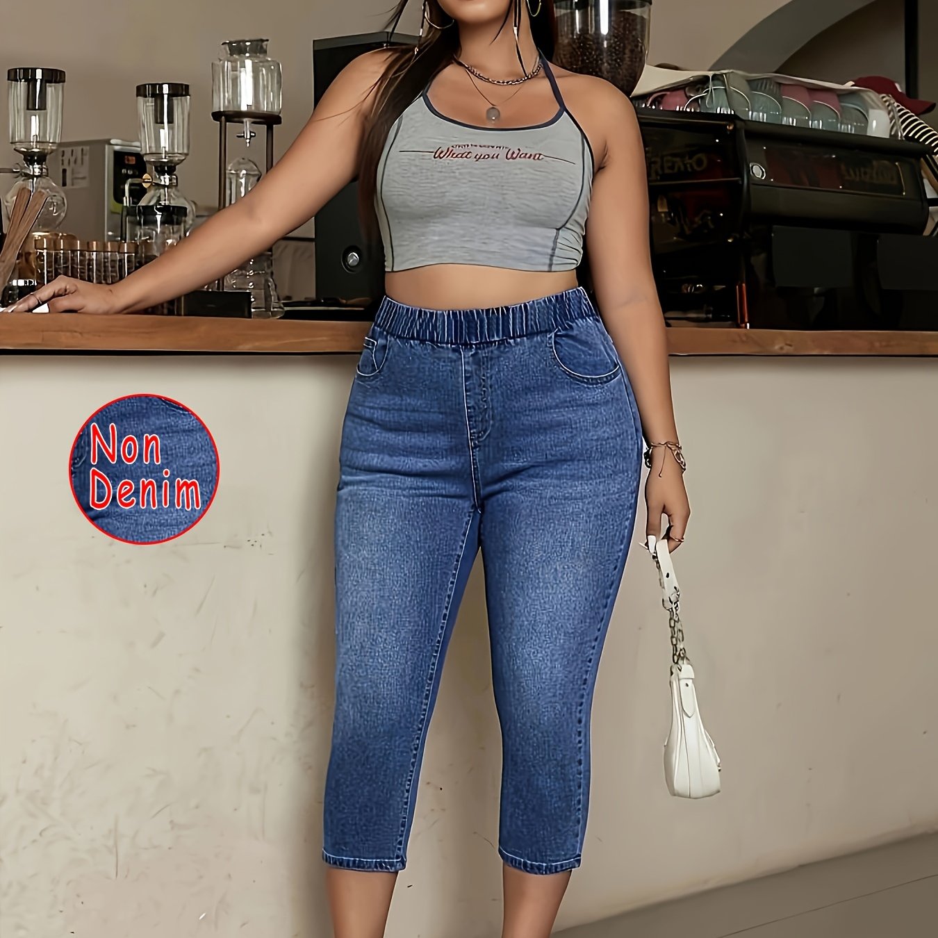 TEMU [Estampa Jeans/Imitação de Jeans] Legging com Estampa de Imitação de Jeans - Não é Tecido de Jeans, Calça Capri Elegante de Cintura com para