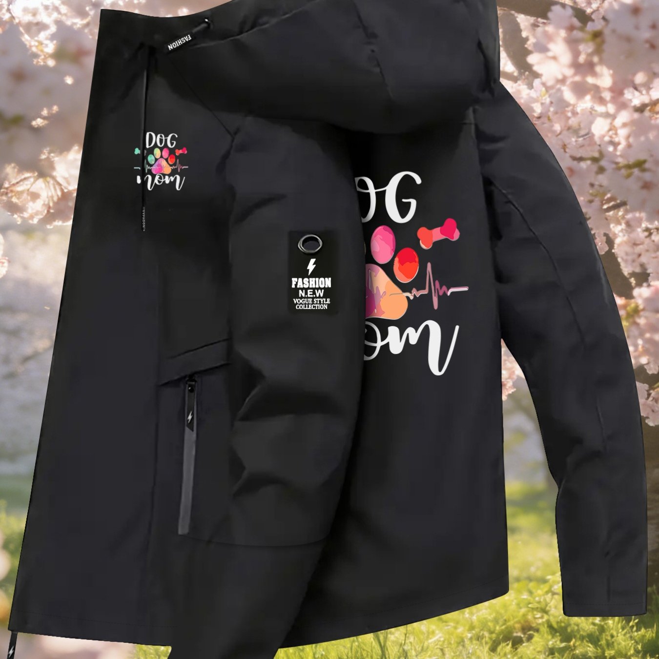 TEMU Women's Jacket With Pet Element Decoration, And Cute "dog Mom" Graphic Print, Long Sleeve Zipper Pocket Hooded Windbreaker, Outdoor Casual