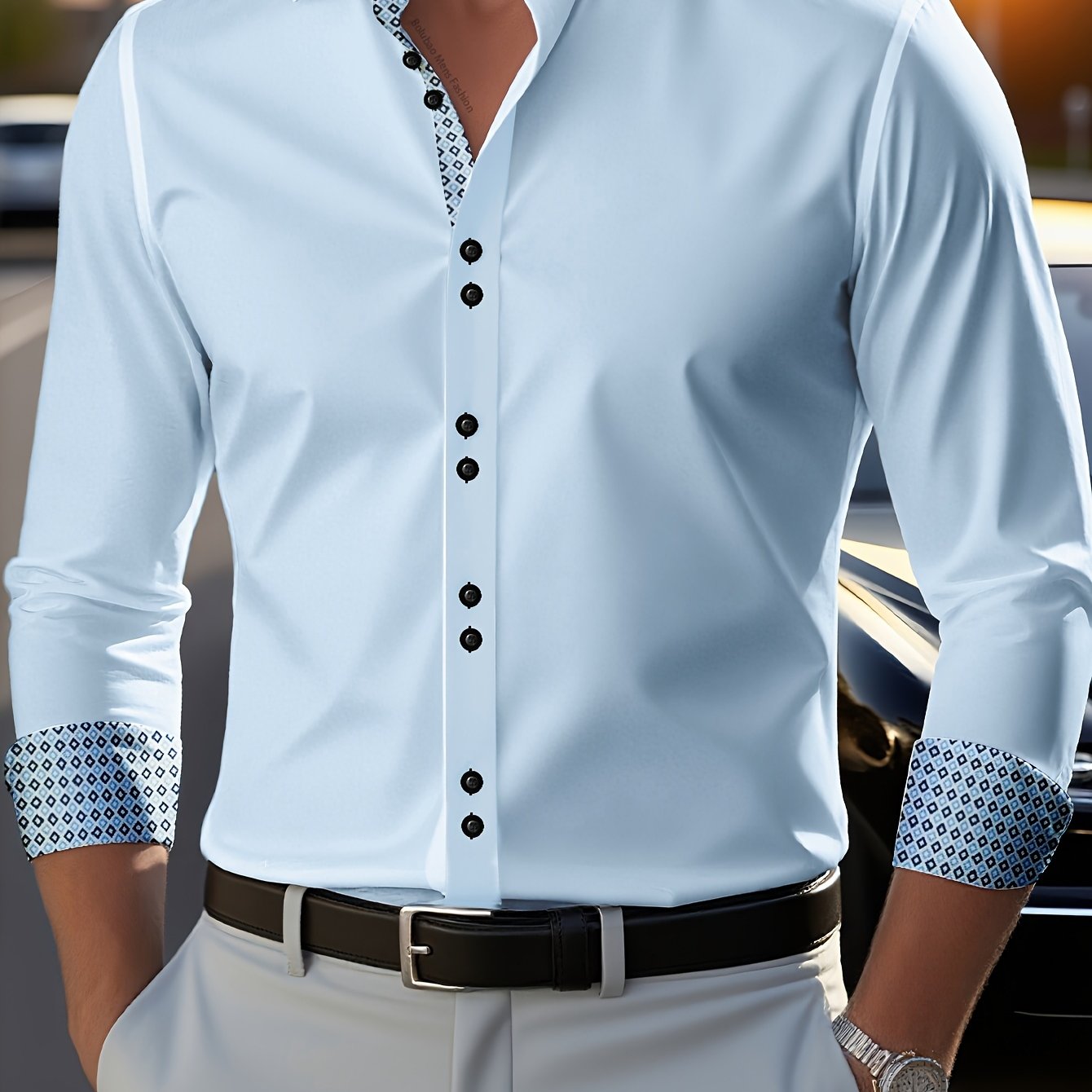 E-shop Herrenmode Hemd - Muster Diamant Gitter Farbblock Stich, Slim Fit, Polyester Material, Geeignet für alle Jahreszeiten, Gewebt, 120 Gsm