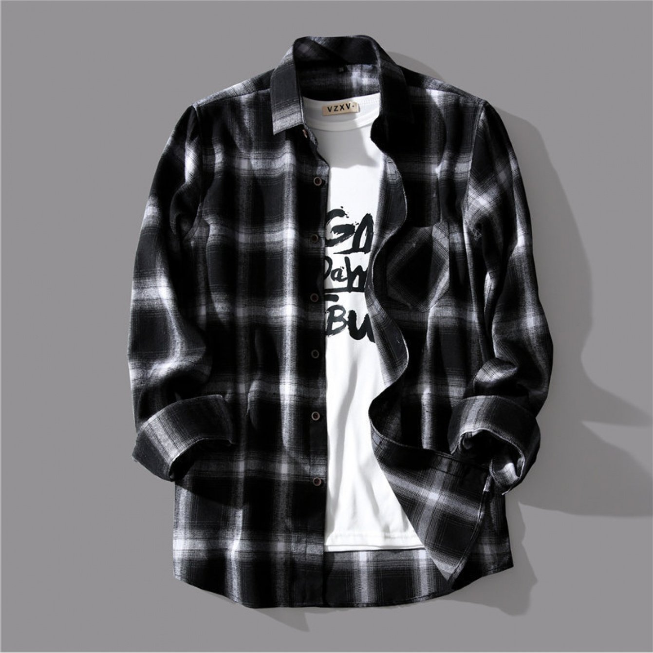 TEMU 【メンズ】白黒チェック柄シャツ 韓国風 トレンド 春秋 ルーズ カジュアル 長袖シャツ ジャケット メンズ服