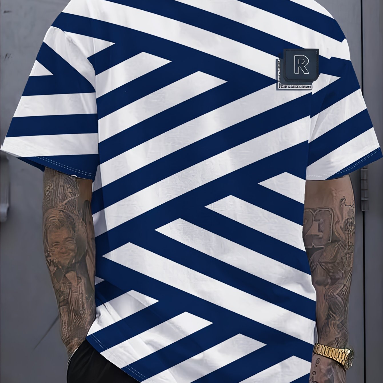TEMU Plus-size Men's Blue And White Twill T-shirt, Featuring And White Diagonal Stripe Visual 3d Print. Suitable For Daily Wear, Simple And Trendy