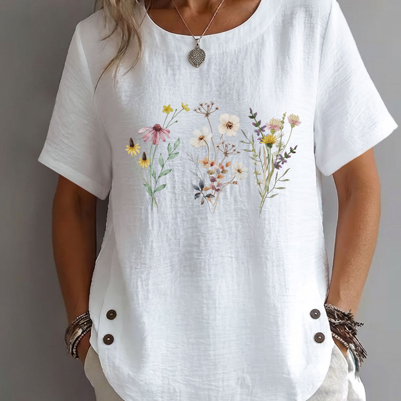 TEMU Spring Summer Women's , Pastoral Style Branch Leaf Print Mature Casual Round Neck Short Sleeve Elegant Clothing