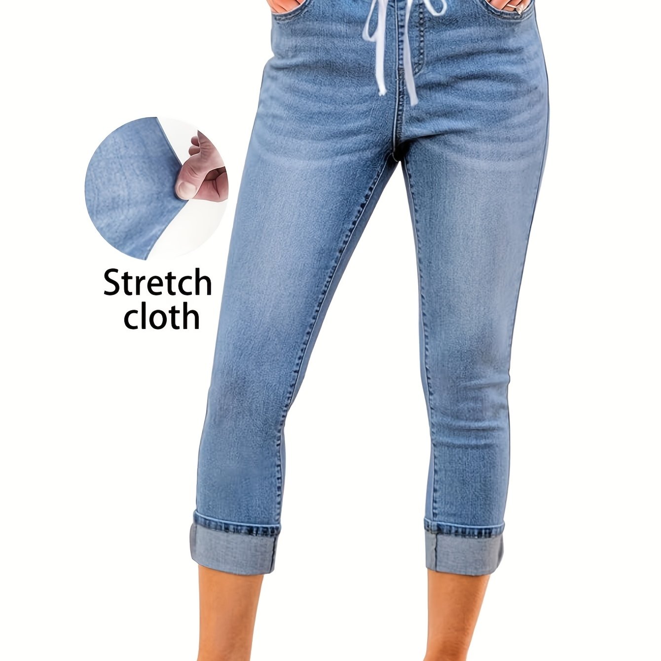 Image of Women's High-waisted Capri Denim Jeans, Preppy Style, Solid Color, Skinny Fit, With Drawstring Waist And Medium Stretch, For Spring/summer