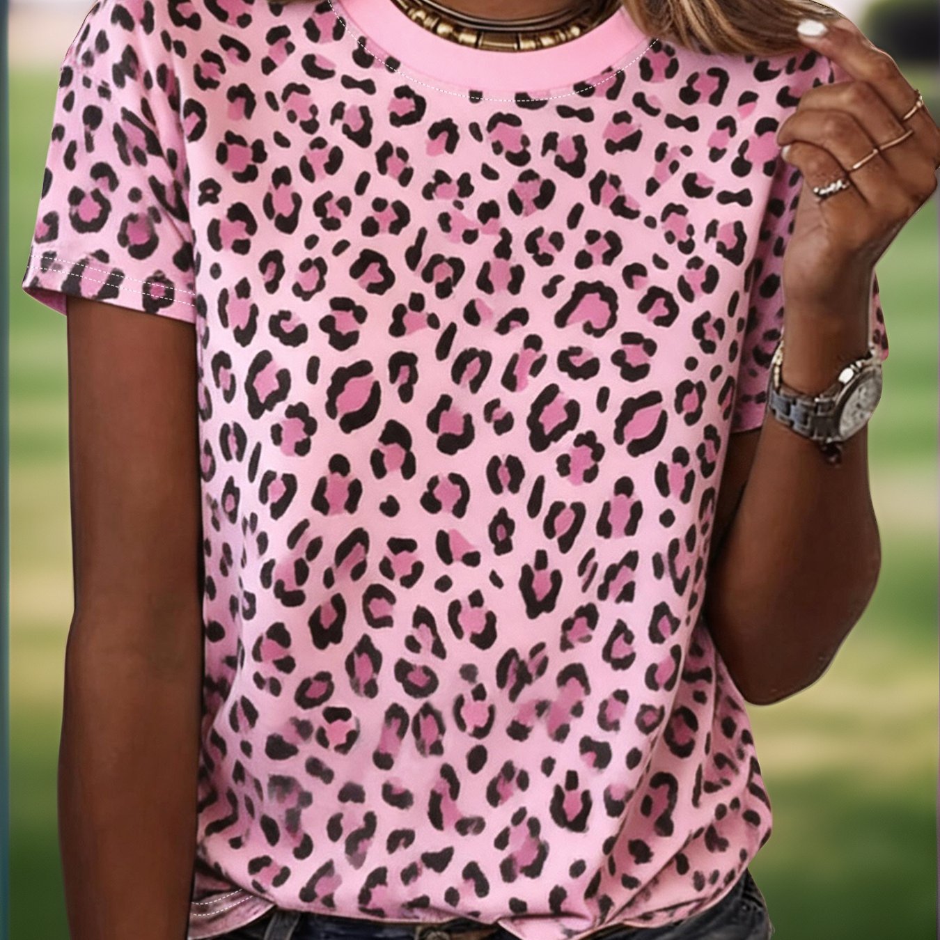 TEMU [printed Design – Not Textured] Summer Breathable And Comfortable Women's T-shirt - Leopard Print - Round Neck Short Sleeves - Versatile And -