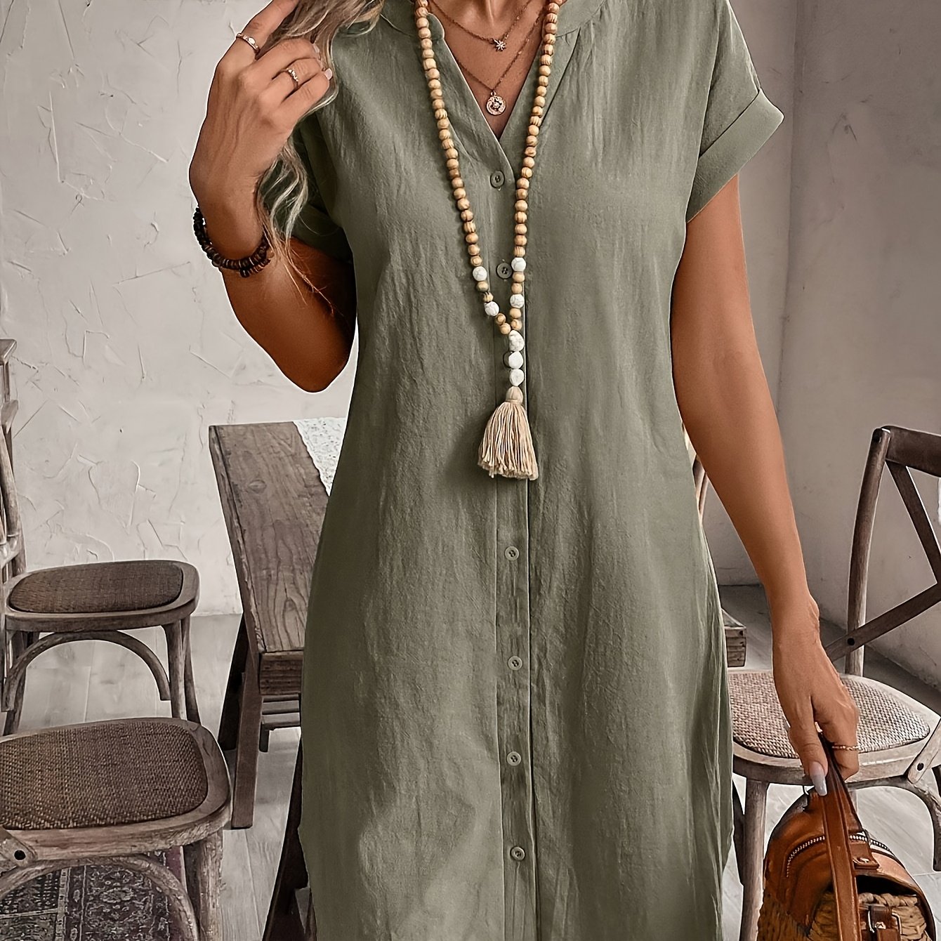 E-shop Sommerliche Freizeitmode Einfarbiges, locker geschnittenes V-Ausschnitt Kurzarm Hemd Kleid Damenbekleidung Herbst Winter Kleid Herbstmode Trend