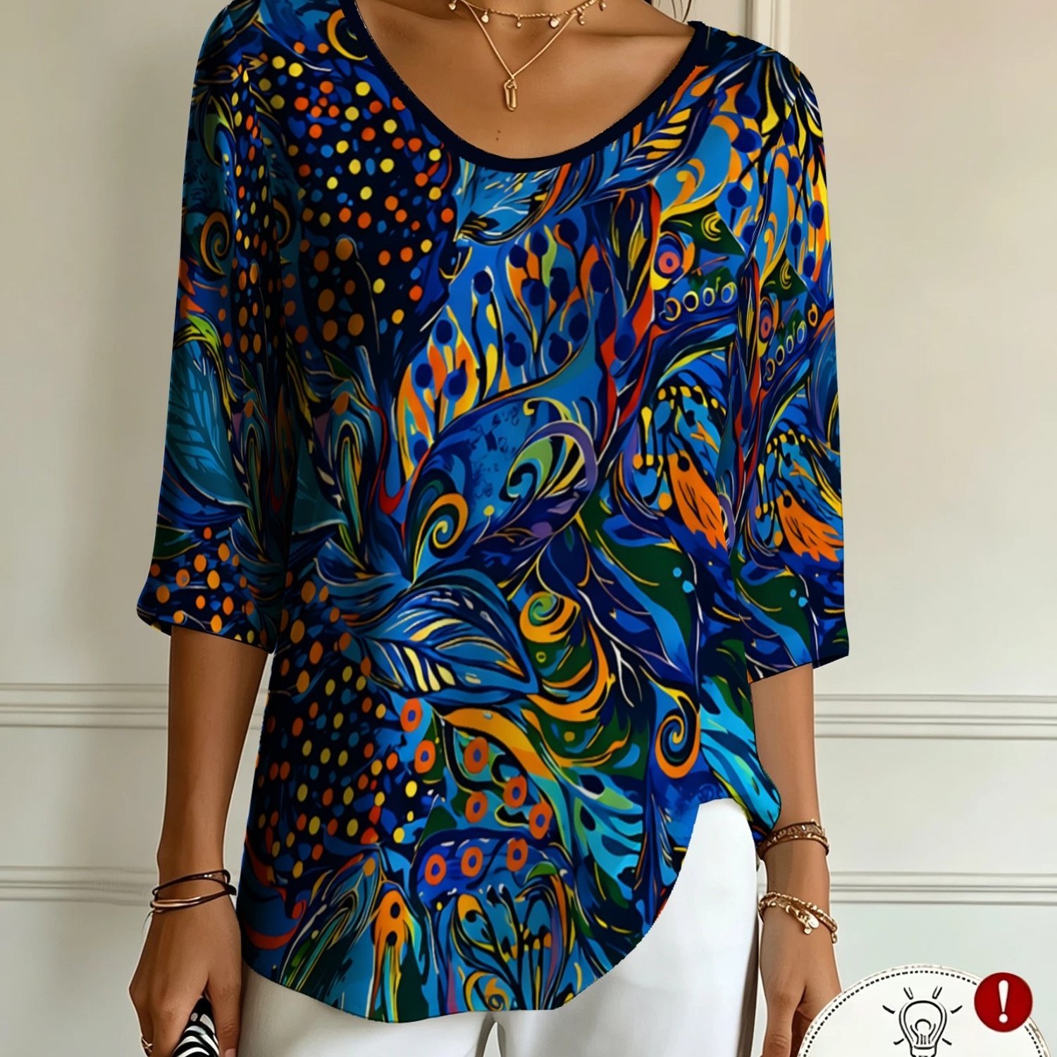 TEMU Plus Size - New Women's V-neck 3/4 Sleeve T-shirt, Abstract Art Swirl Pattern Print, Individual Trendy Theme Casual Wear Item Plus Size Daily