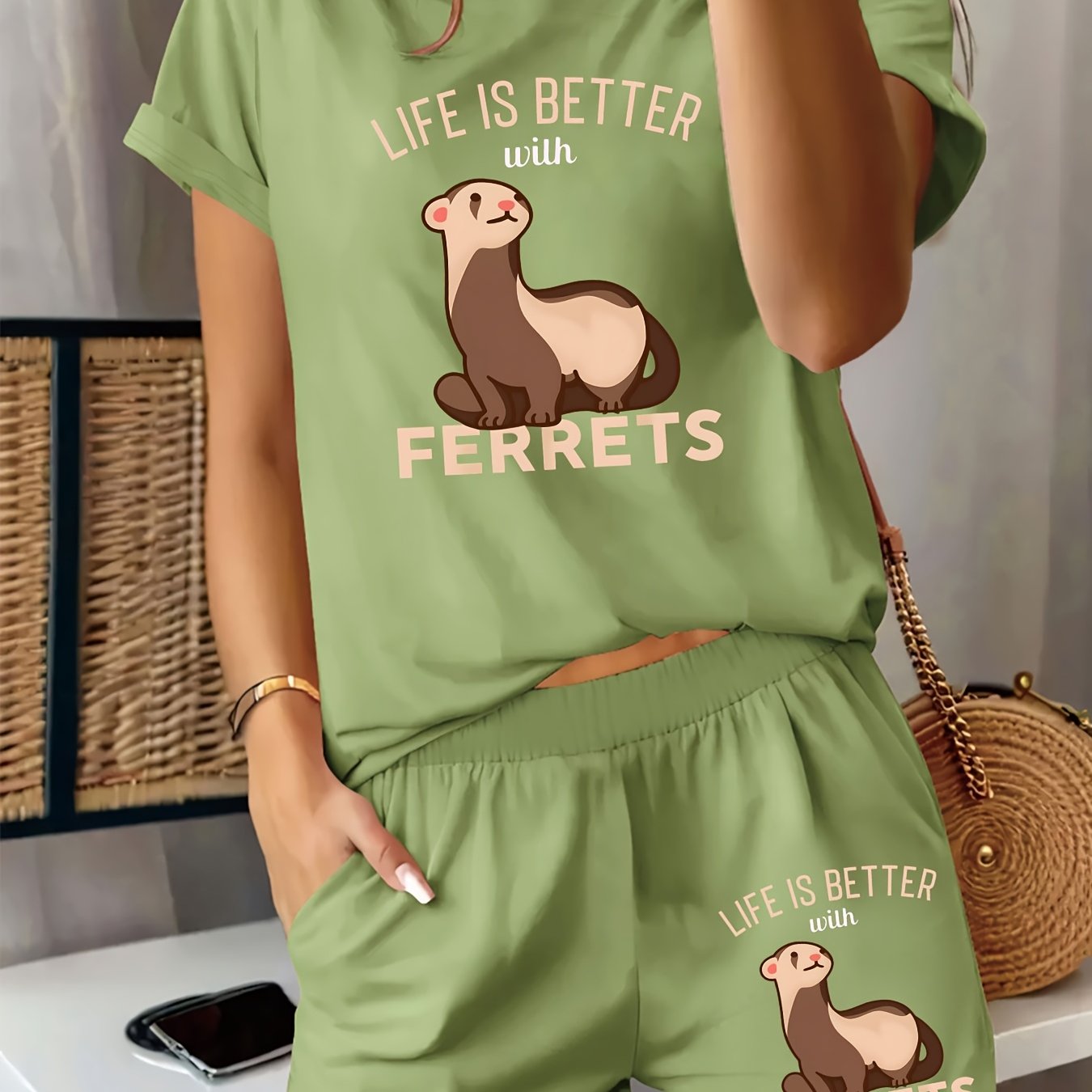 TEMU A Stylish And Comfortable Women'-piece Set Featuring A Cute Ferret Design, Including A Round-neck Short-sleeve T-shirt With ' Better With ' And