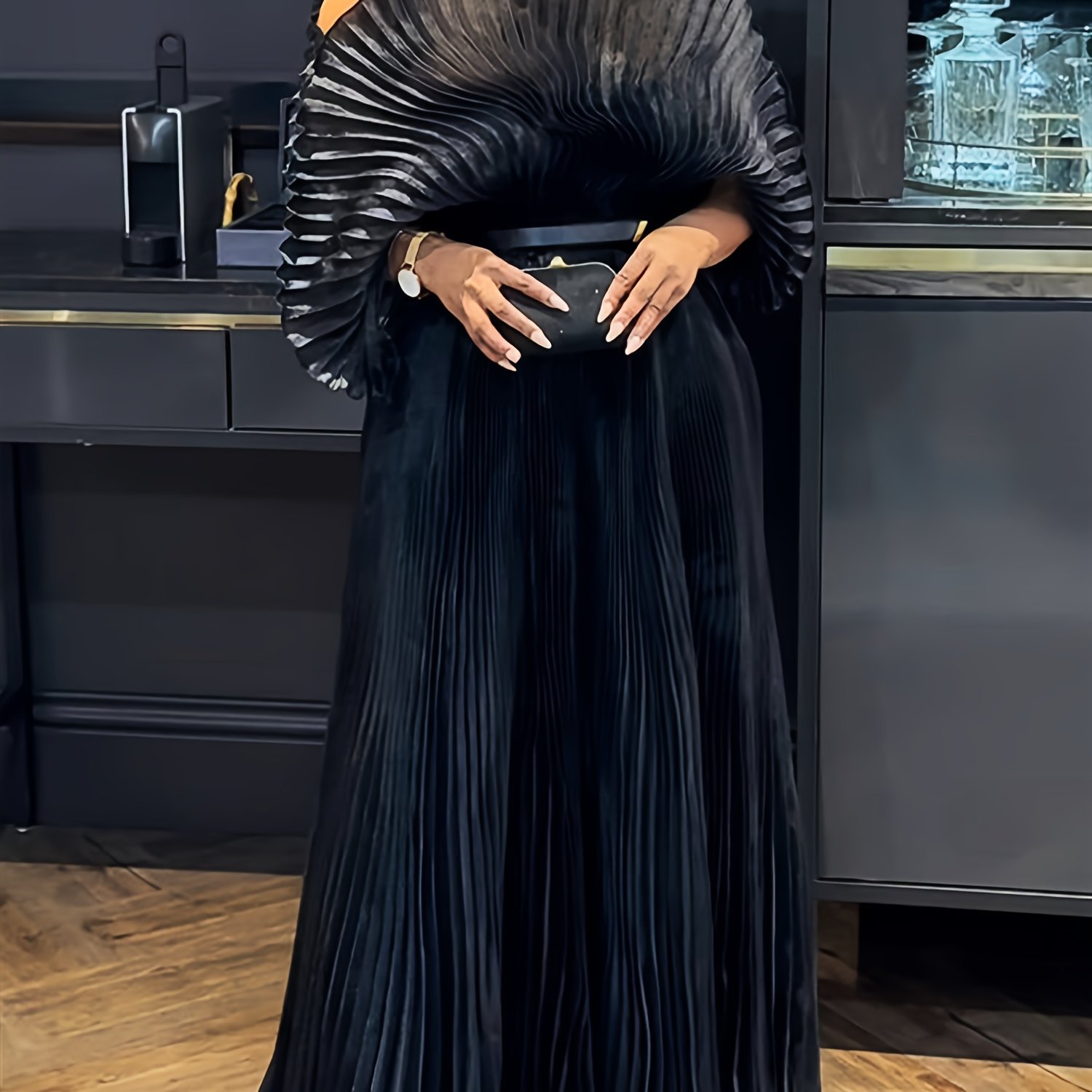 TEMU Women's Pleated Maxi Dress, Black Dress, Formal Dress, Long Dress, Mesh Dress, Birthday Dress, Maternity Photoshoot Dress, Naija Styles And