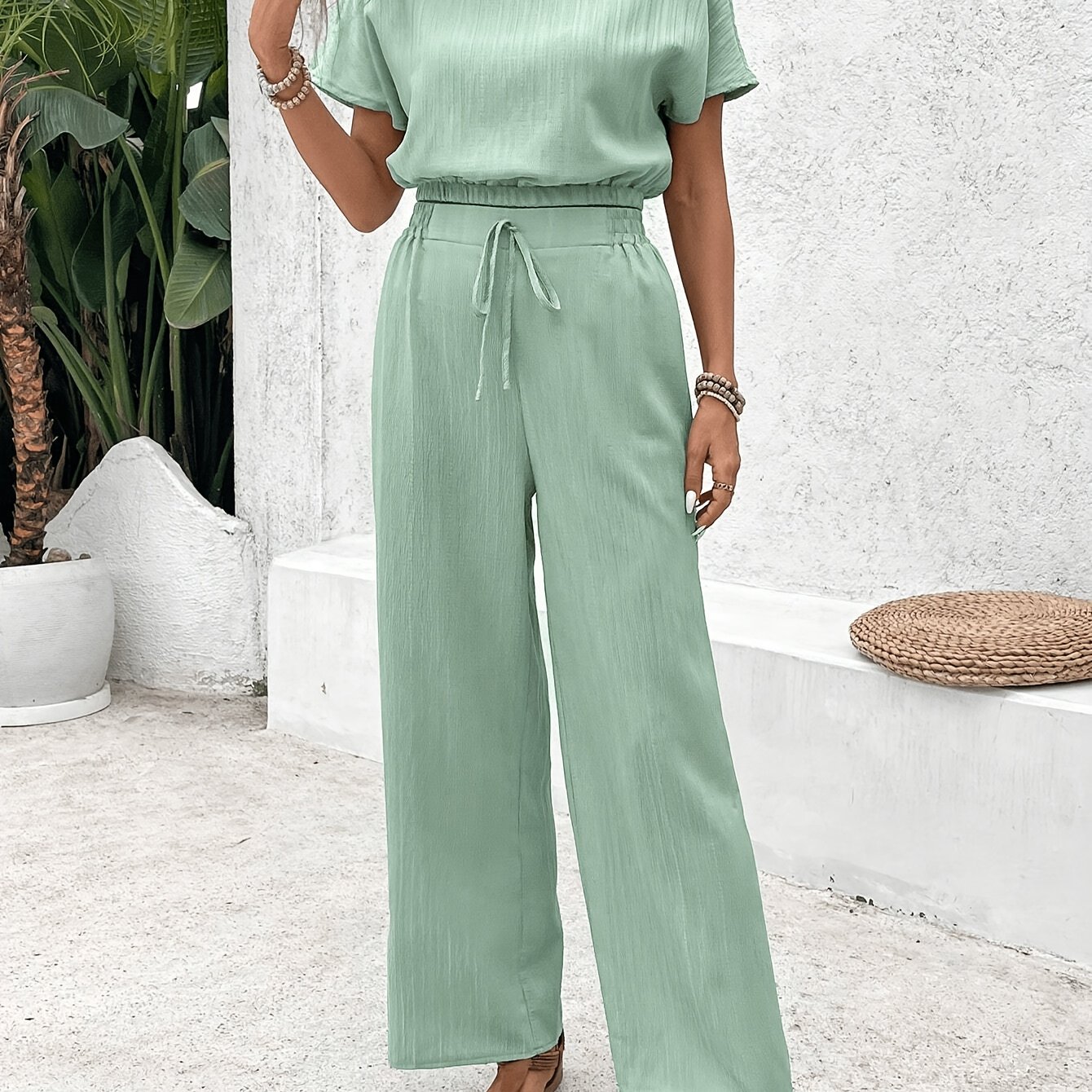 Image of Elegant Style Spring New Women' Color Waist-defining Top And Straight Pants Two-piece Set Fashion Outfit