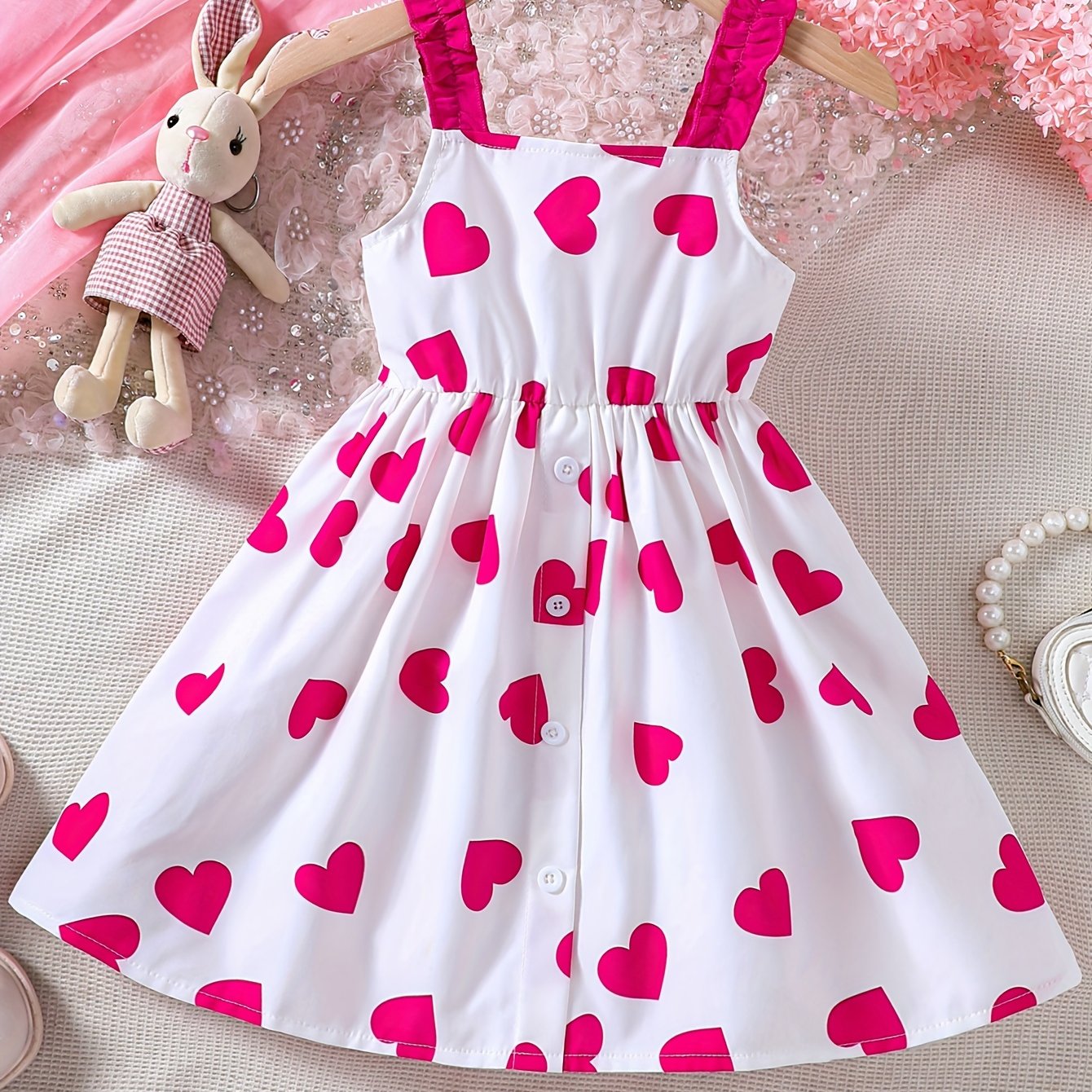 Image of New Summer Valentine's Day Heart Print Camisole Dress For Little Girls