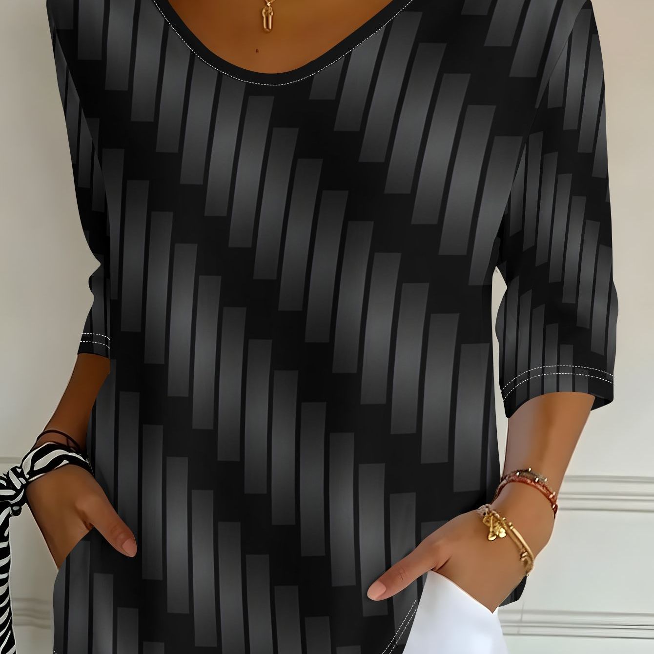 TEMU Women's Dark Gray Twill Print V-neck Three-quarter Sleeve T-shirt, Spring/autumn Casual Top