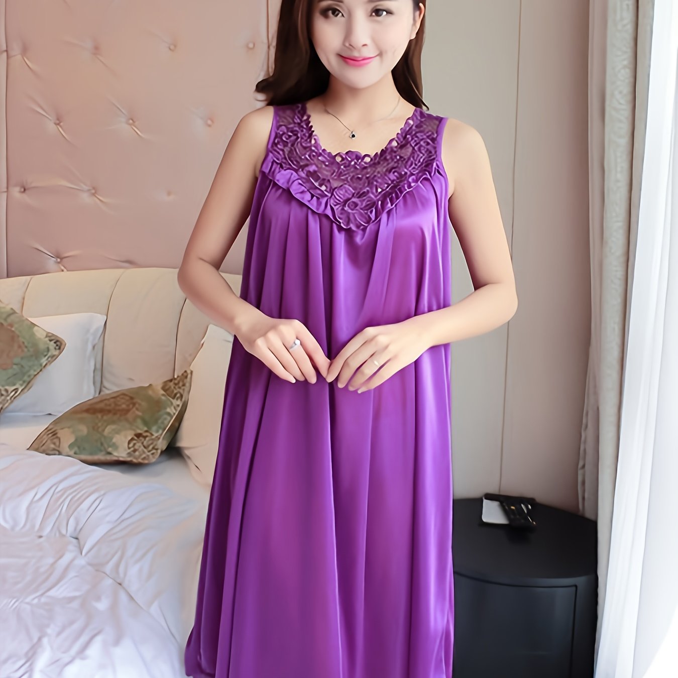 Plus Size Women's Dress, Summer Sleeveless Round Neck Lace Trim Nightgown, Comfortable Soft Loungewear