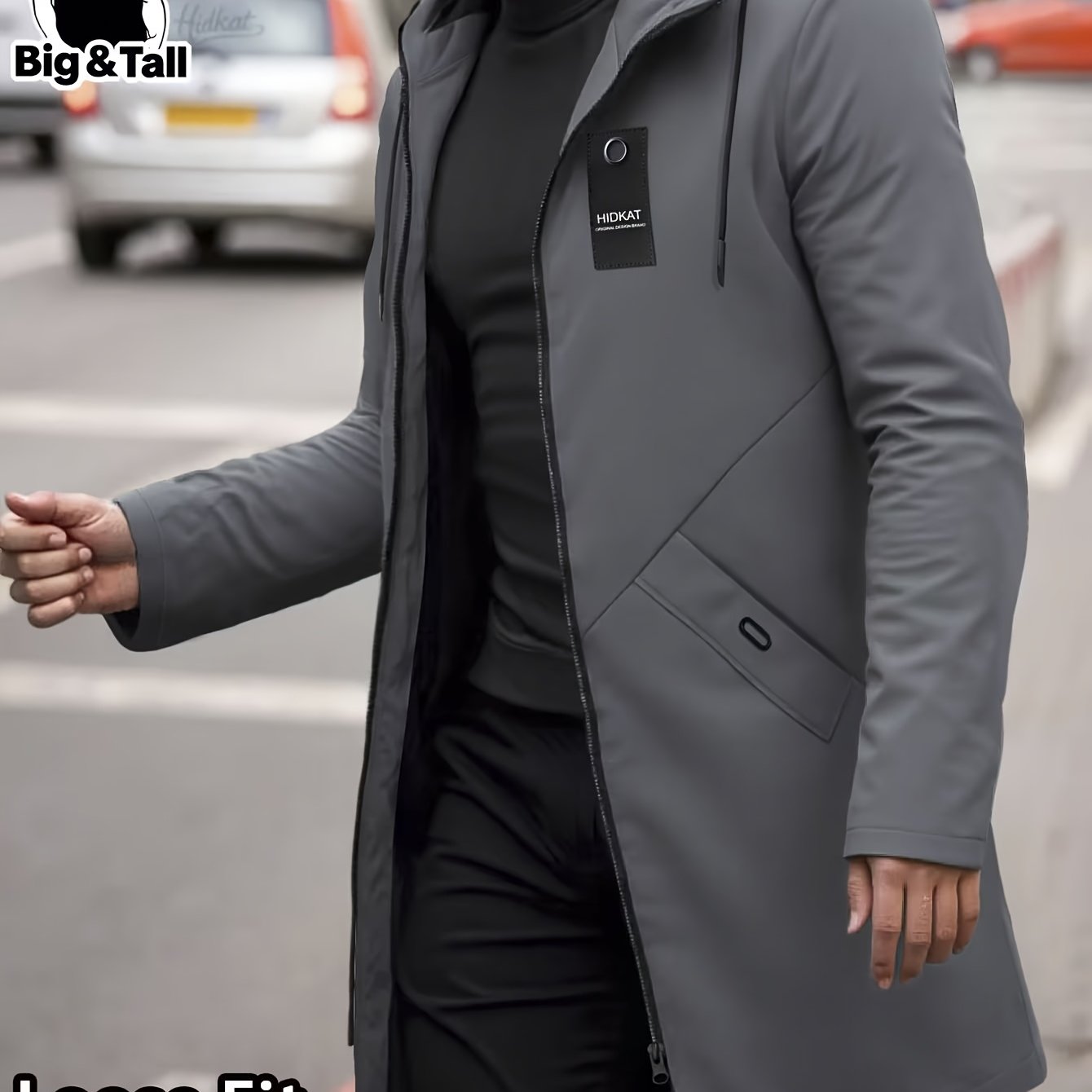 TEMU Men's Mid-length Trench Jacket With Hood And Drawstring, Plus Size College Style Jacket, Fashionable Casual Solid Color Versatile Loose Fit