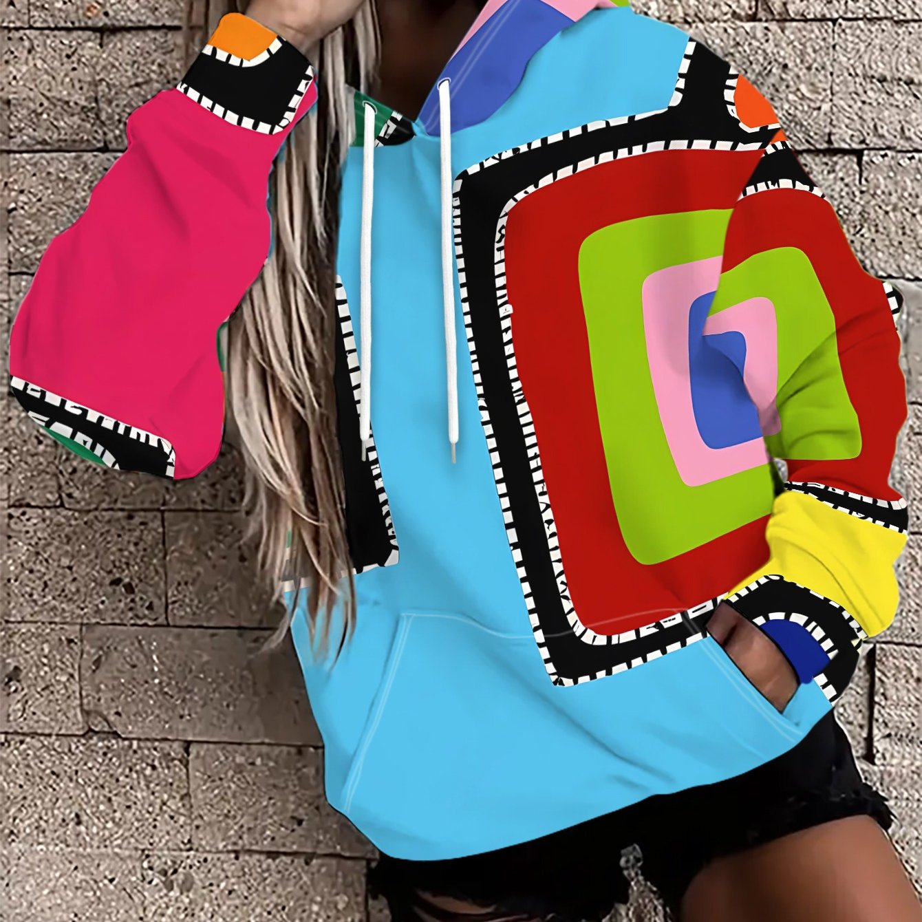 TEMU Fashion Women's Loose Style Hoodie With Richly Colored Geometric Design - Stretch, , , Loose Casual, , Embracing Lazy , Infusing Artistic And