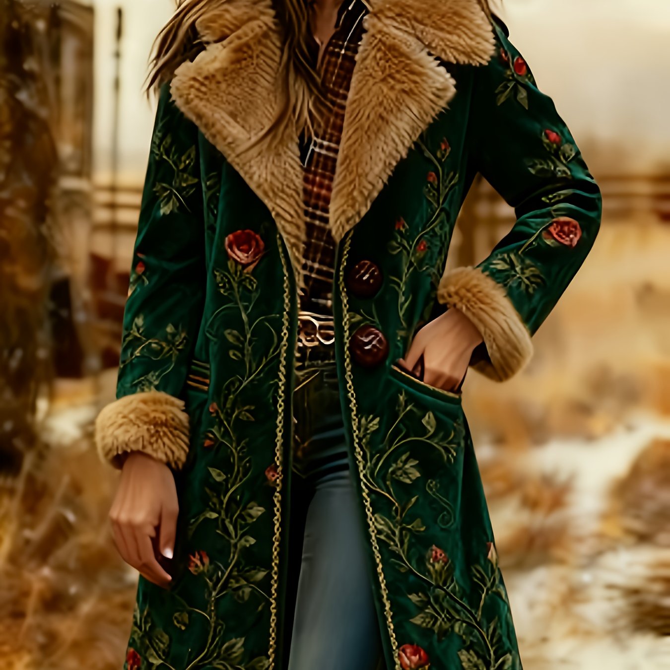 Printed Design Not Textured Ladies' Western Retro Style Autumn And Winter Warm Long-sleeved Retro Printed Jacket Coat - Western Printed Jacket Lapel Coat