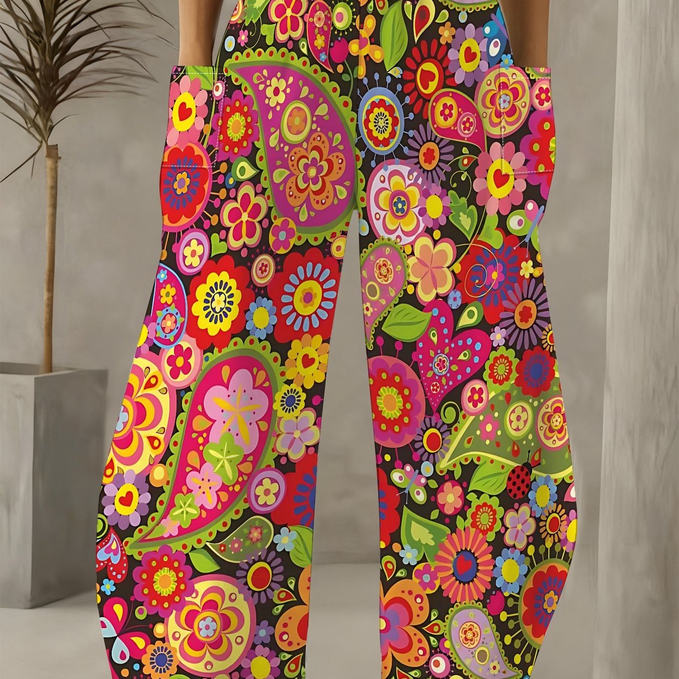 TEMU 2026 Summer New Arrival High-waist Casual Wide-leg Pants, Vintage Hippie Style Colorful Paisley Swirl Floral Print, Rich Bohemian Vacation Vibe.