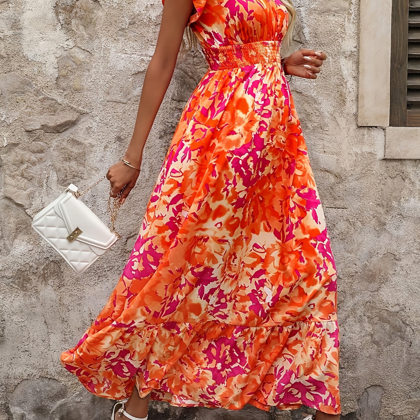 TEMU Floral Print Belted Maxi Dress