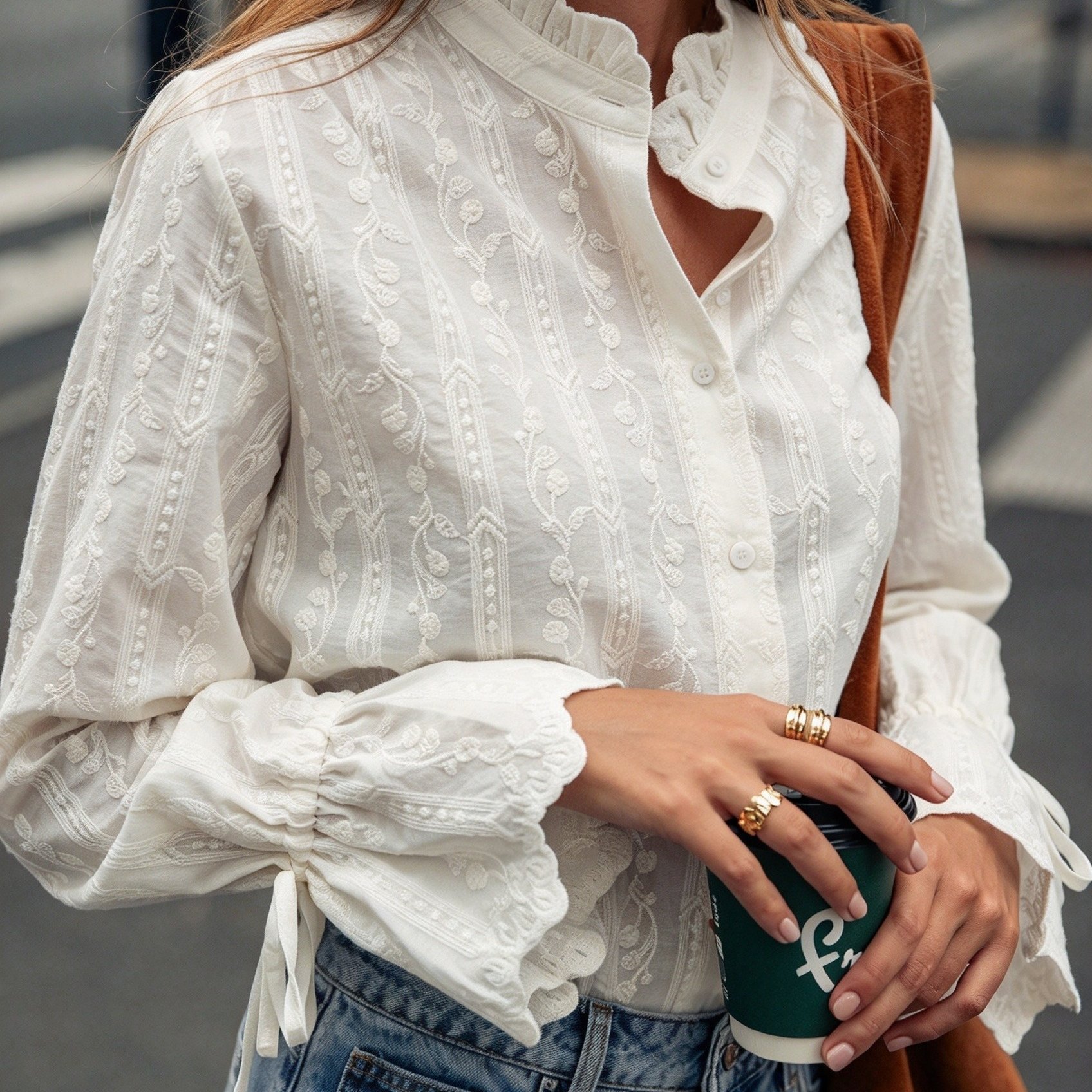 TEMU An Elegant Button-up Shirt For Women Featuring Embroidered Bell Sleeves With A Drawstring And , Spring And Autumn Outfits
