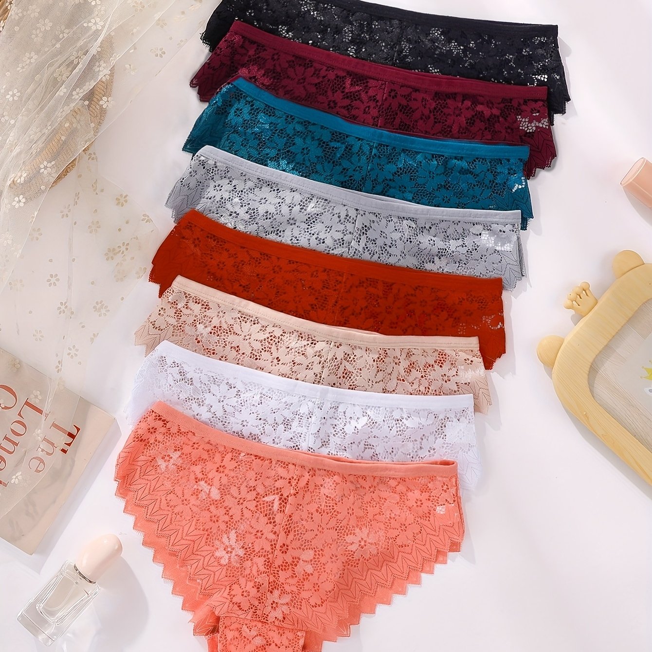8pcs Solid Floral Lace Semi Sheer Briefs, Sexy Comfy Breathable Stretchy Intimates Panties, Women's Lingerie & Underwear, Lingerie Set