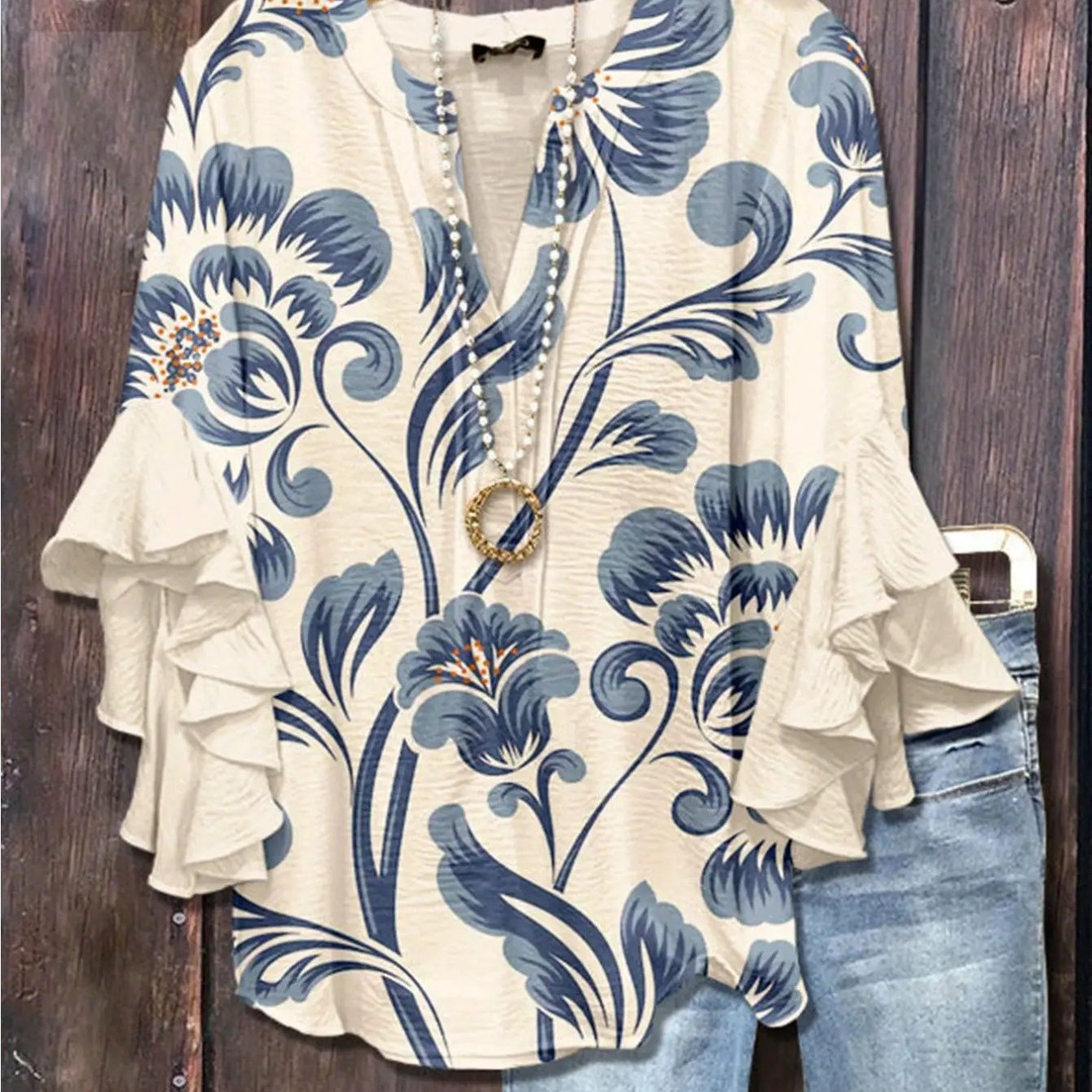 Image of Plus Size, Plus Size Elegant V-neck Top For Women. Bell-sleeved For Lotus Print Asymmetric Hem Breathable Shirt. Suitable For Office Vacation Wedding Guests. Machine Washable.