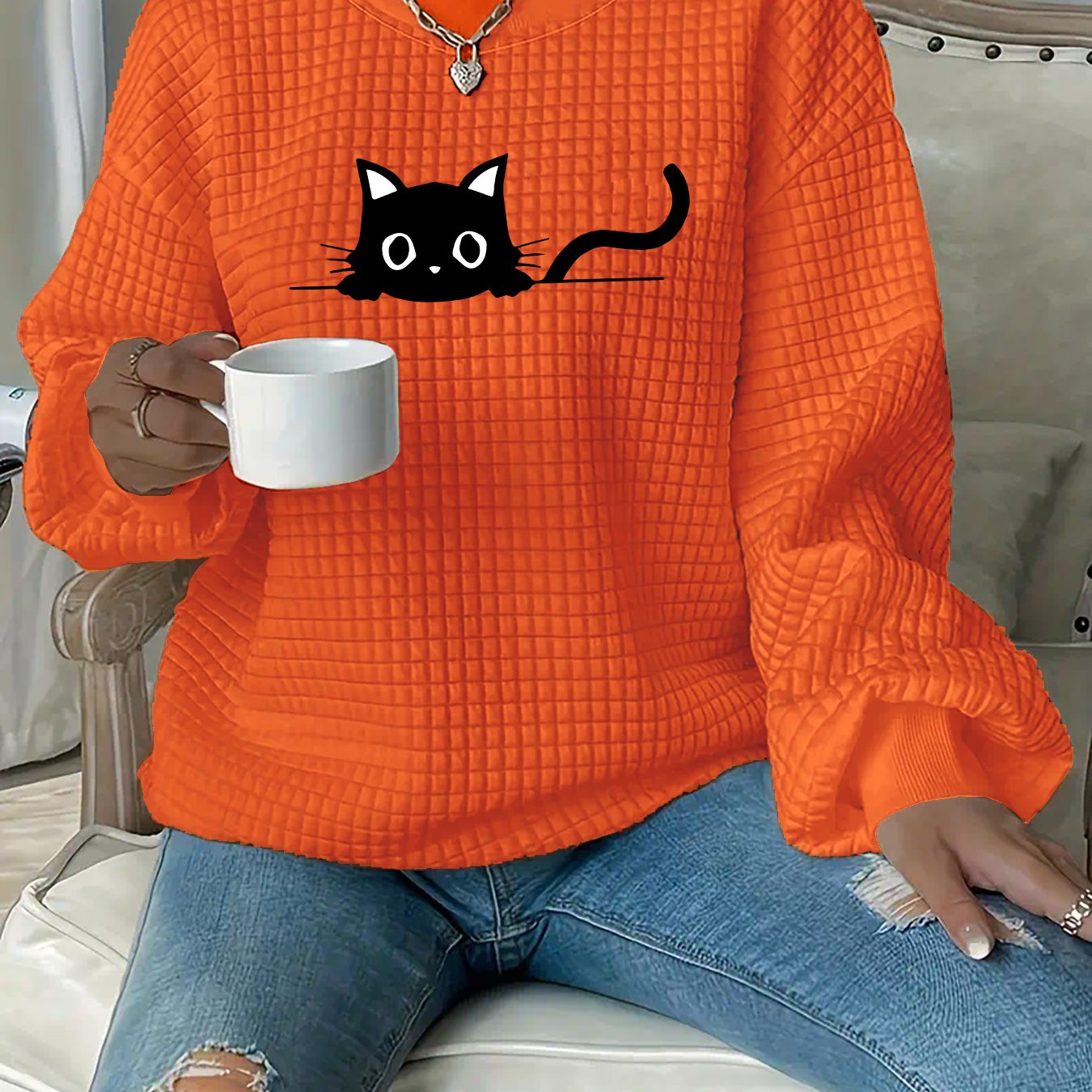 TEMU Plus Size, Cat Print Sweatshirt, Plus Size Women's Fashion Printed Sweatshirt, Plus Size Women's Waffle Fabric Round Neck Sweatshirt