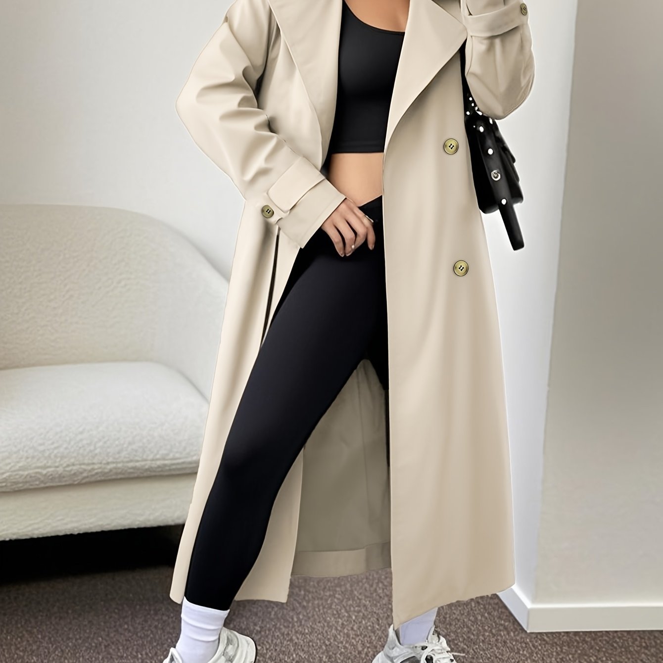 TEMU Autumn/winter Light Luxury High-end Classic Knee-length Trench Coat, New Elegant Double-breasted British Style Trench Coat