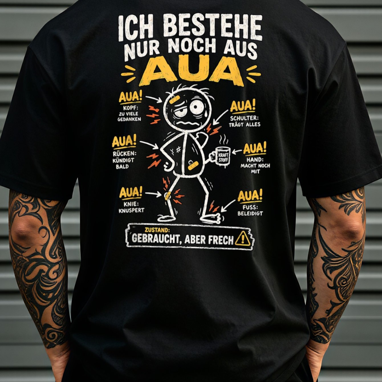 Men's T-shirt I Exist For Aua T-shirt German Ache Chart With Warning Label Funny Body Humor Back Print, Plus Size