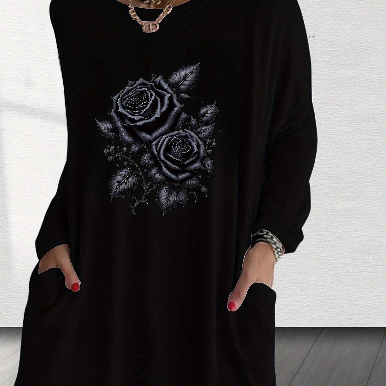 TEMU Dames Casual Lange Mouwen Top met een Moderne Minimalistische Ronde Halslijn, Met Verfijnde Letter-, Vlinder- en Dierenprints. Ontworpen voor