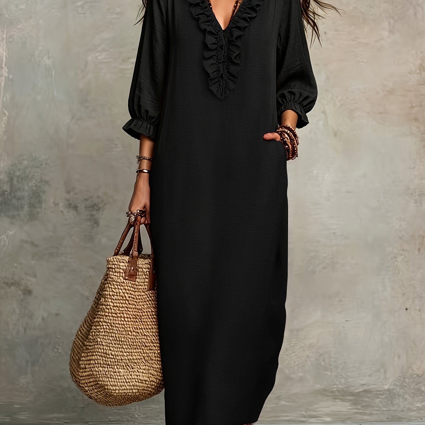 TEMU Women's Elegant V-neck Mid-length Dress With Three-quarter Hem Sleeves, Featuring A Casual, Elegant, Flowing, Comfortable, Breathable, And Loose