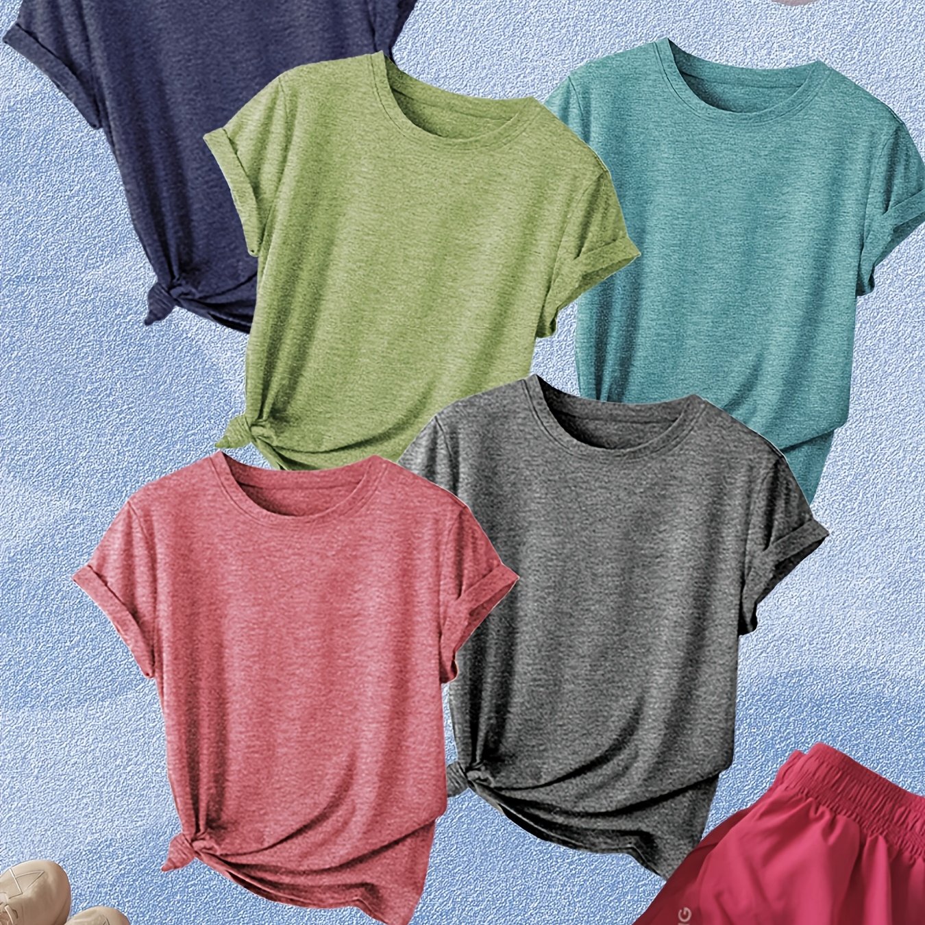 Image of 5pcs S T-shirt, Short Sleeve Crew Neck Casual Top For Summer & Spring, Women's Clothing